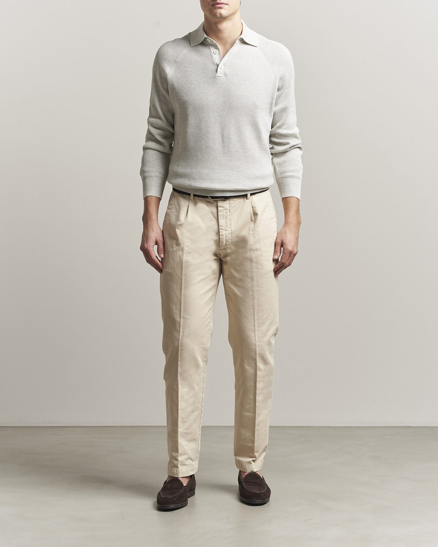 Men | Sweaters & Knitwear | Brunello Cucinelli | Cotton Rib Knitted Long Sleeve Polo Light Grey