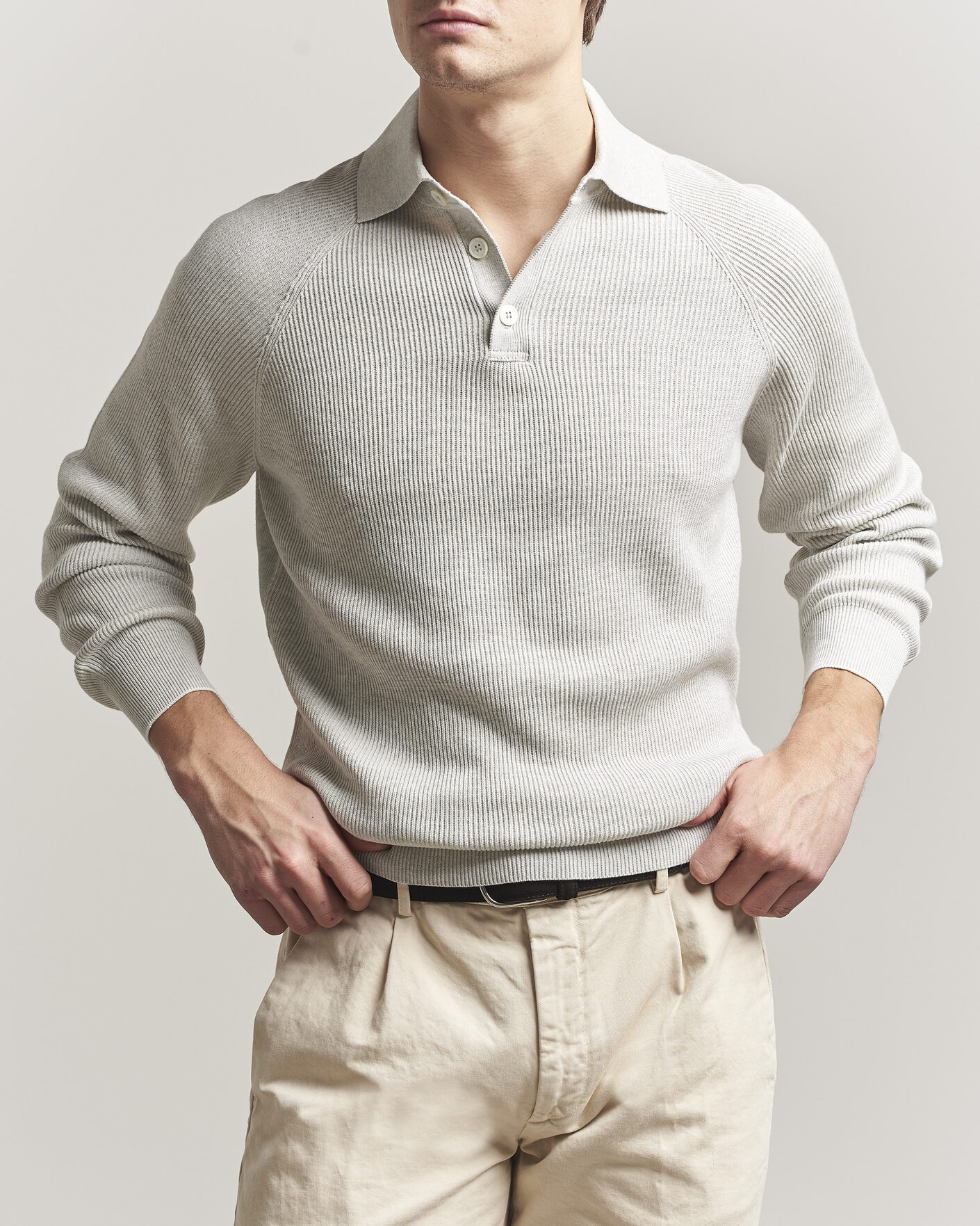 Brunello Cucinelli Cotton Rib Knitted Long Sleeve Polo Light Grey