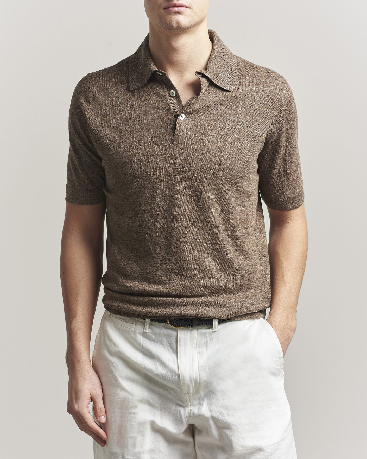 Brunello Cucinelli Linen Knitted Polo Brown at CareOfCarl.com