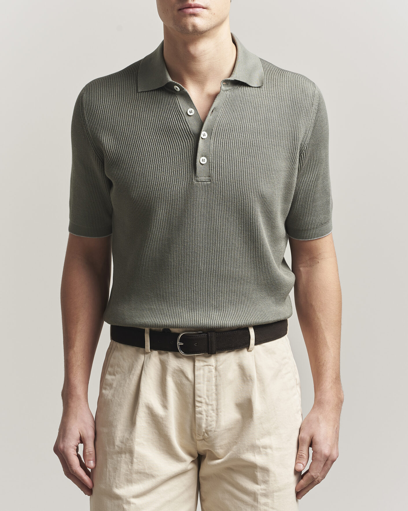 BRUNELLO CUCINELLI スリムフィット ポロシャツ BRUNELLO CUCINELLI short sleeve knit polo olive/cream striped