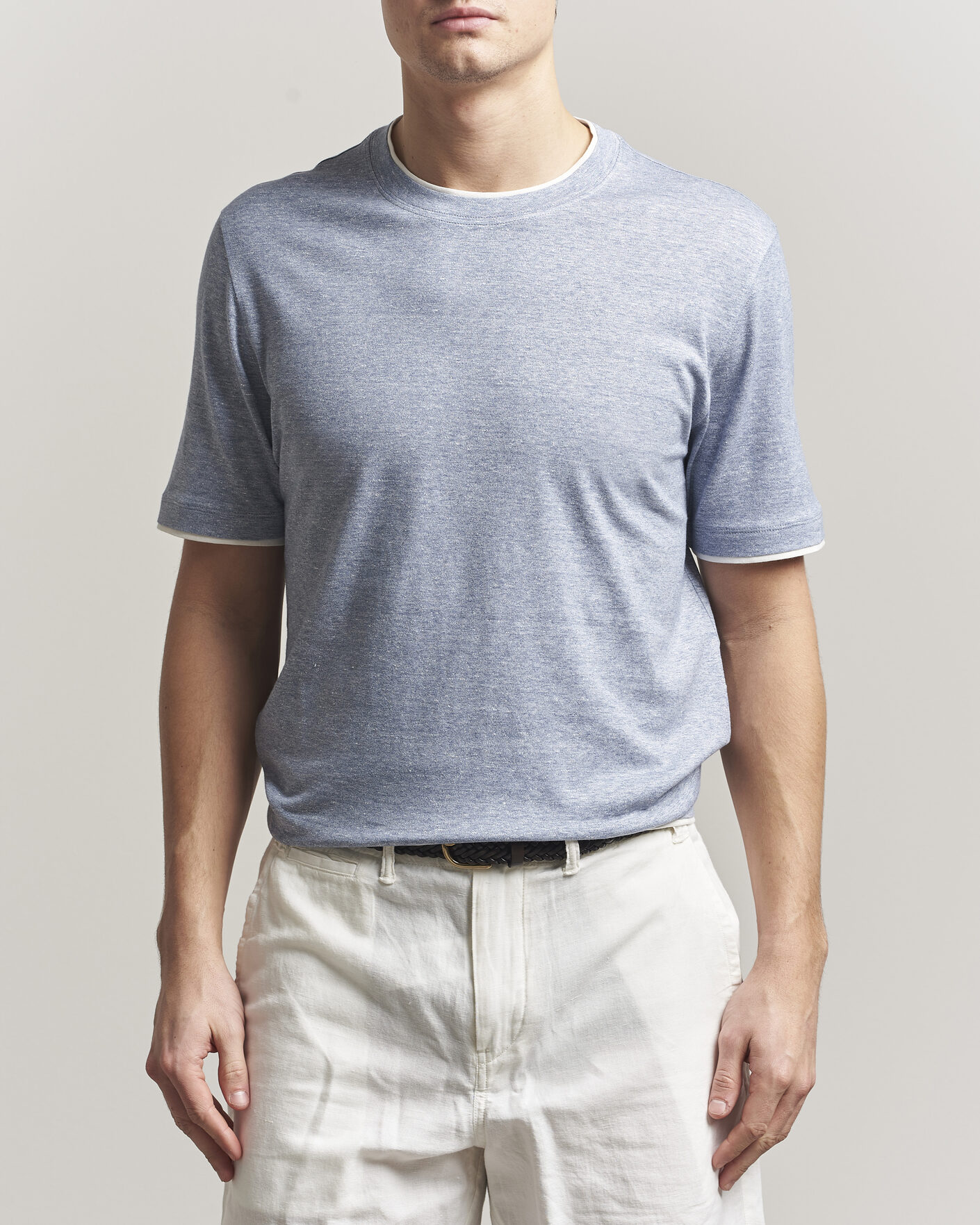 Men | T-Shirts | Brunello Cucinelli | Double Collar Linen T-Shirt Light Blue