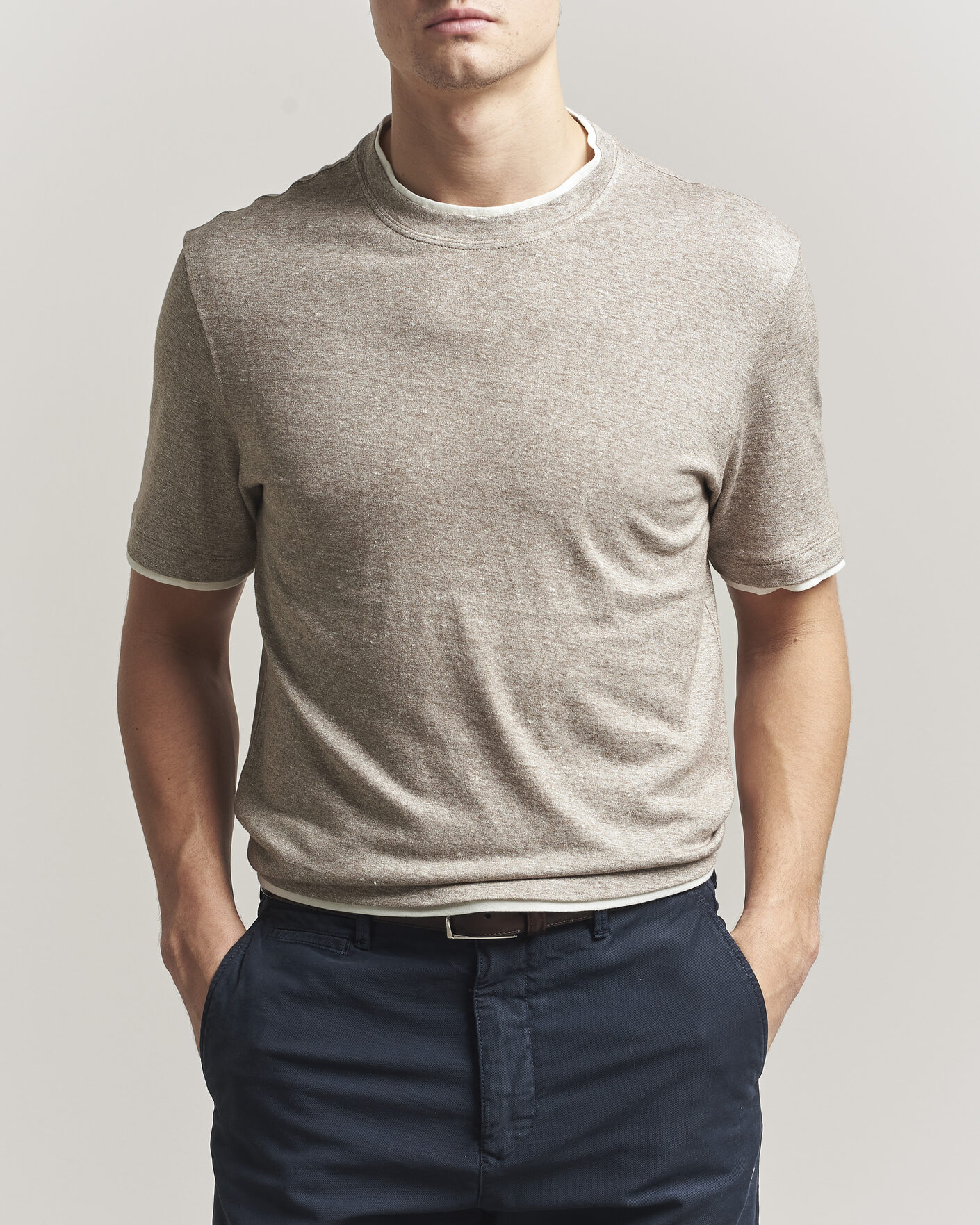 Men | T-Shirts | Brunello Cucinelli | Double Collar Linen T-Shirt Brown