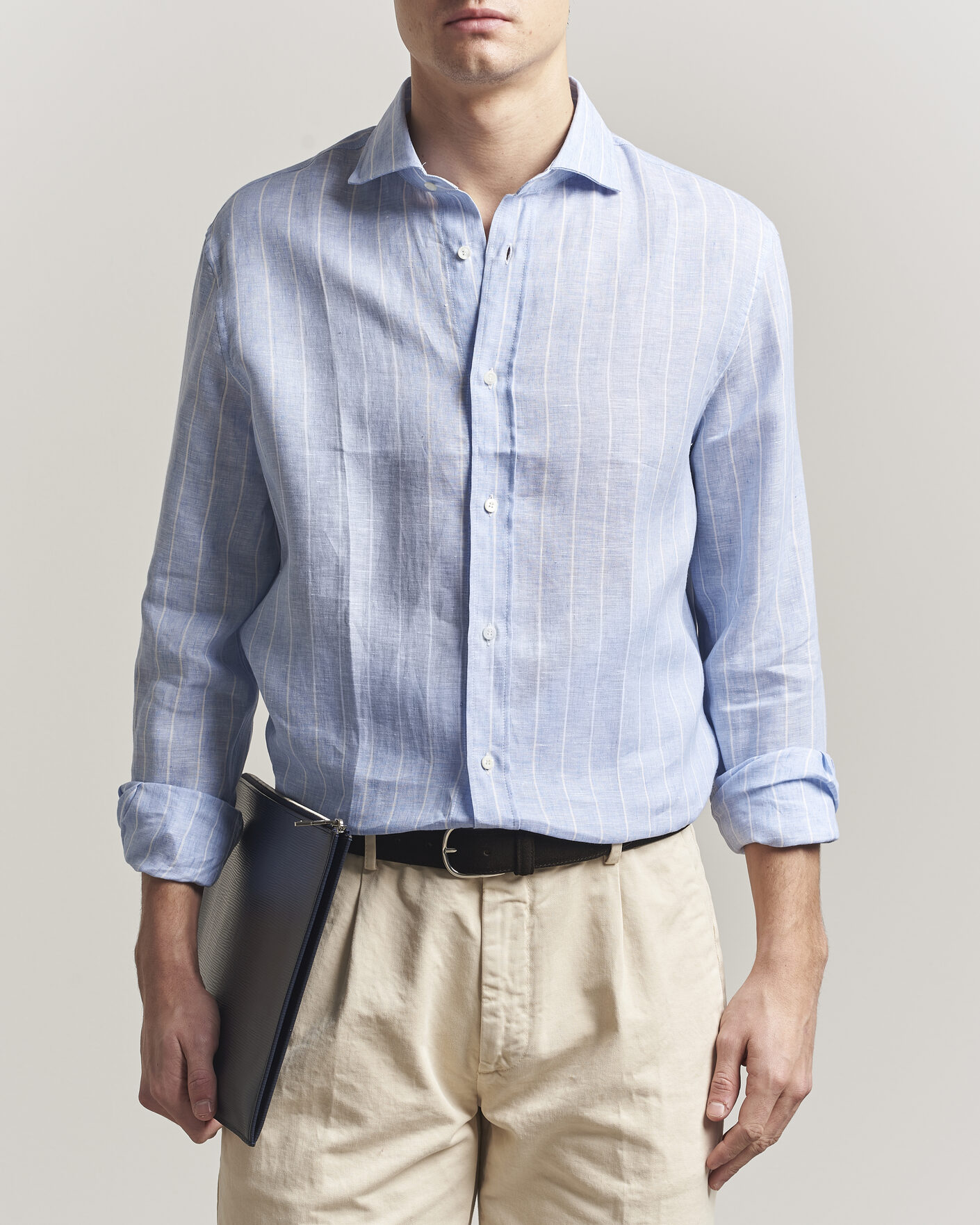 Brunello Cucinelli Easy Fit Linen Shirt Light Blue Stripe at