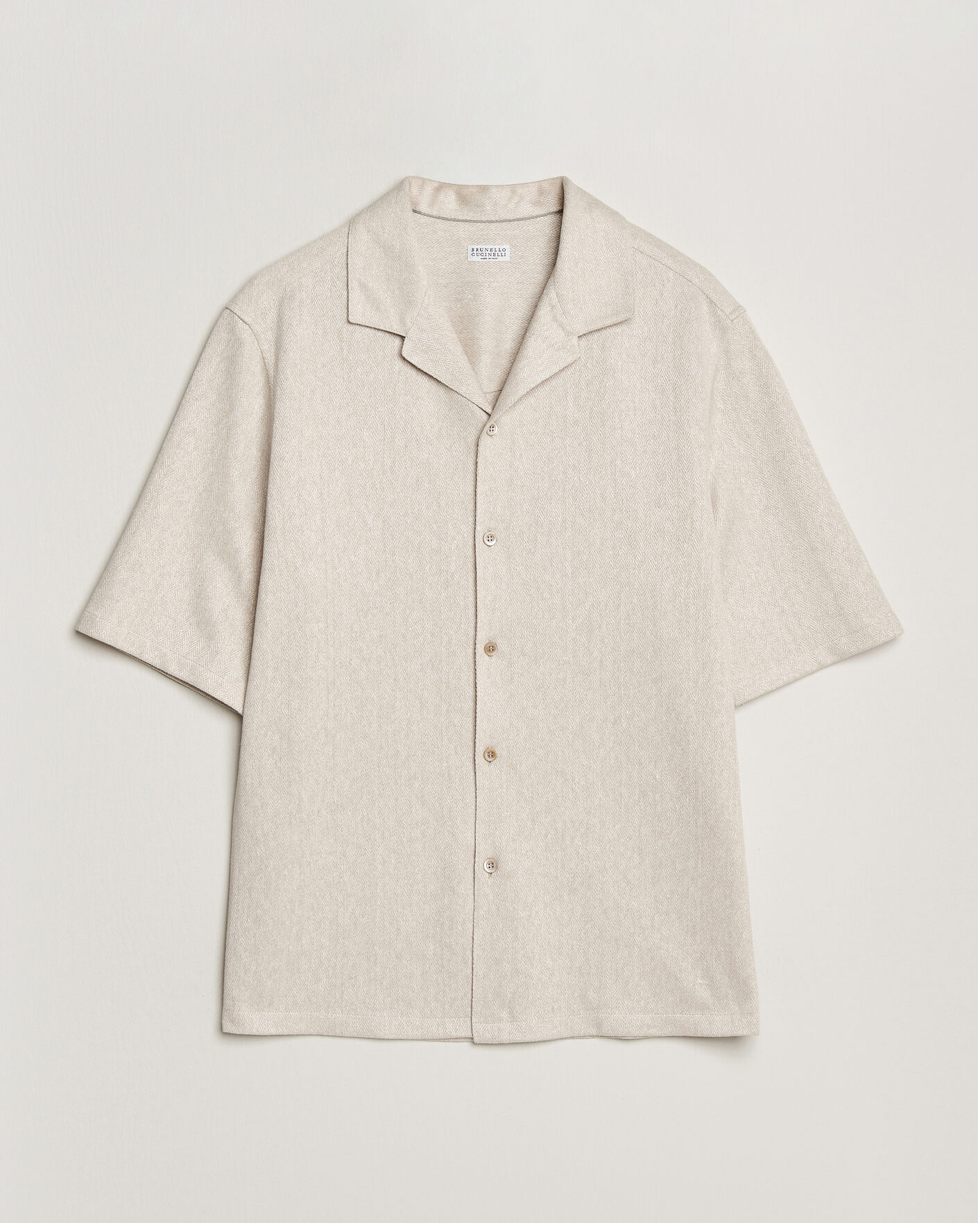 Brunello Cucinelli Linen Herringbone Camp Shirt Light Beige at