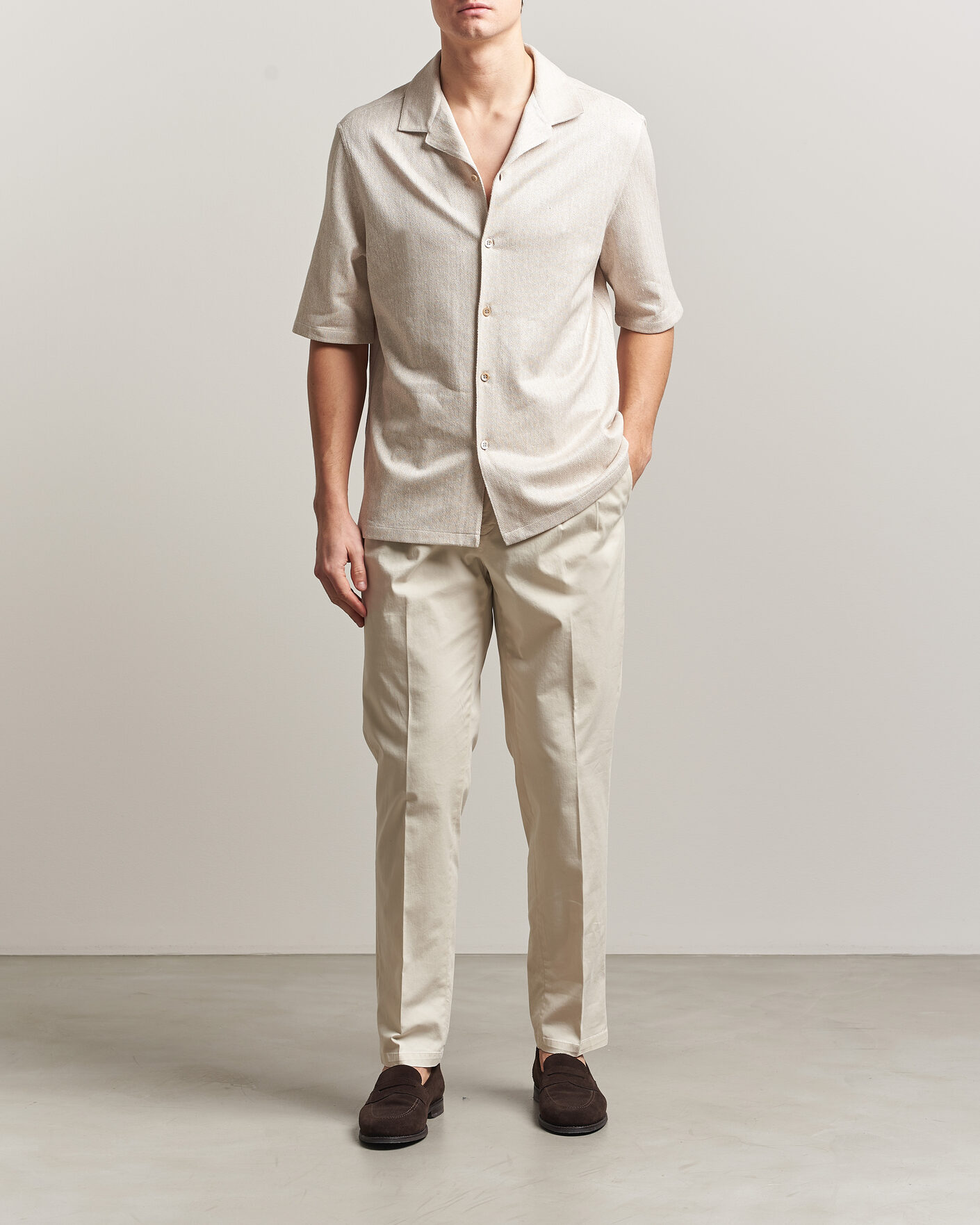 Brunello Cucinelli Linen Herringbone Camp Shirt Light Beige at
