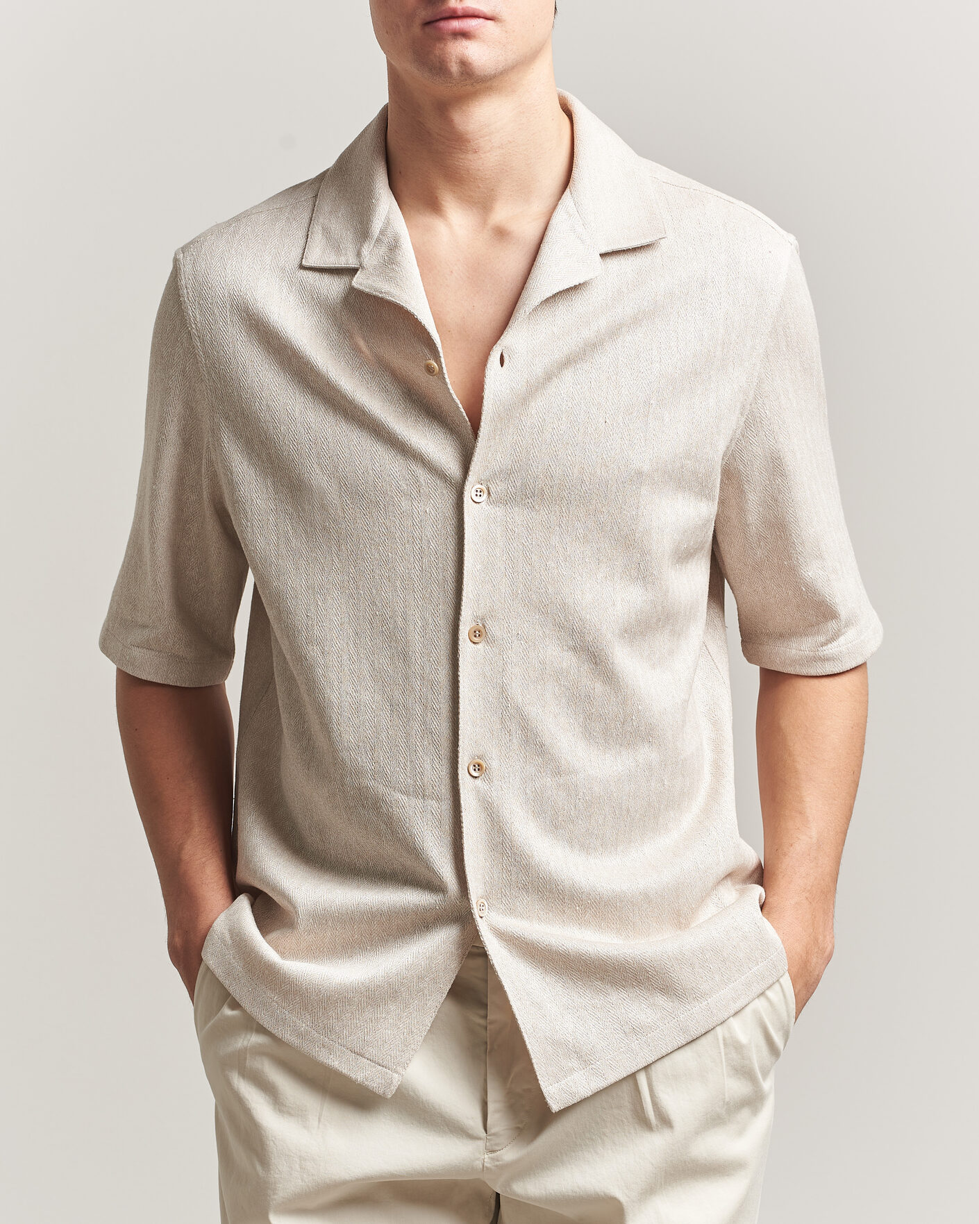 Brunello Cucinelli Linen Herringbone Camp Shirt Light Beige at