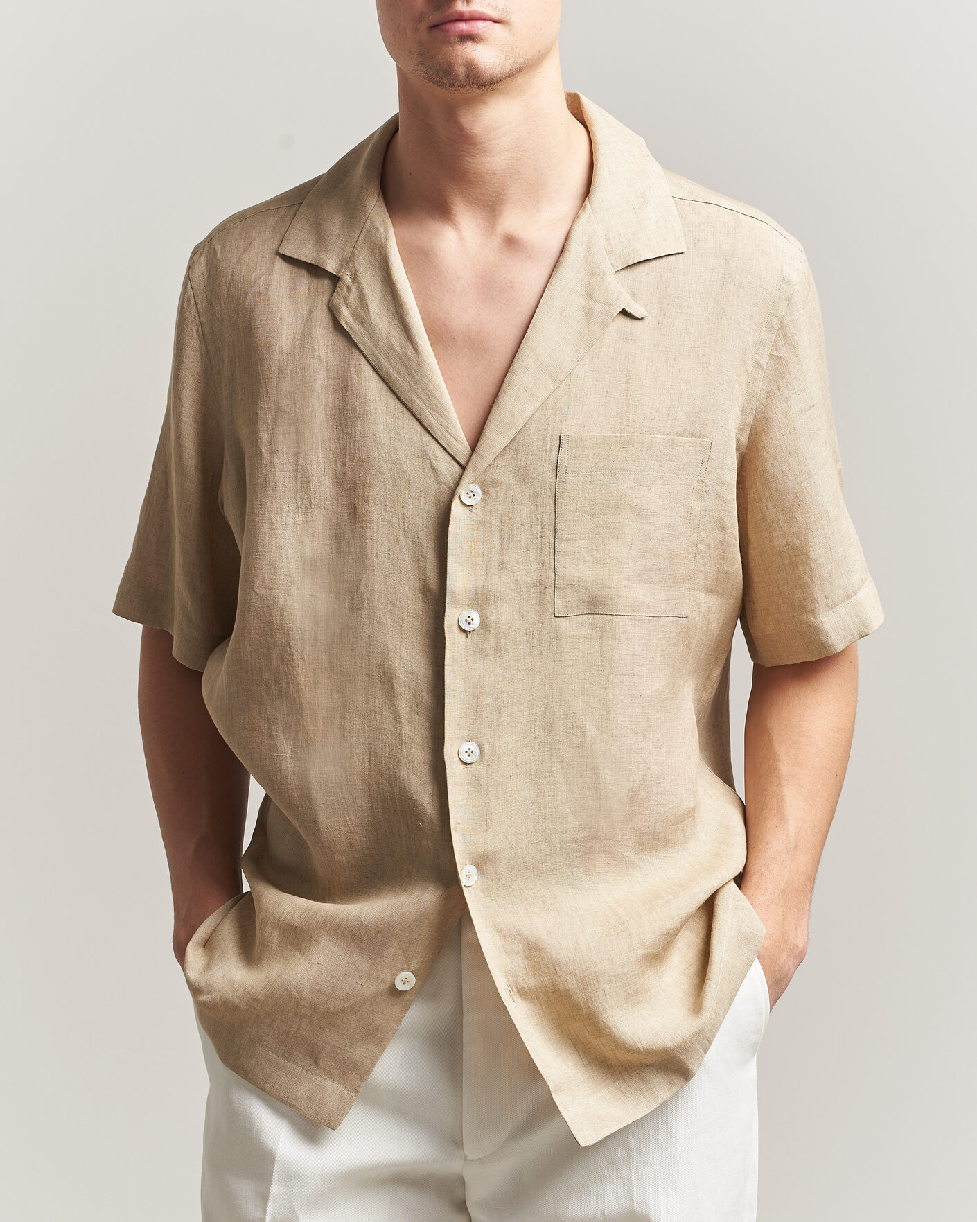 Men | Shirts | Lardini | Klop Short Sleeve Linen Resort Shirt Beige