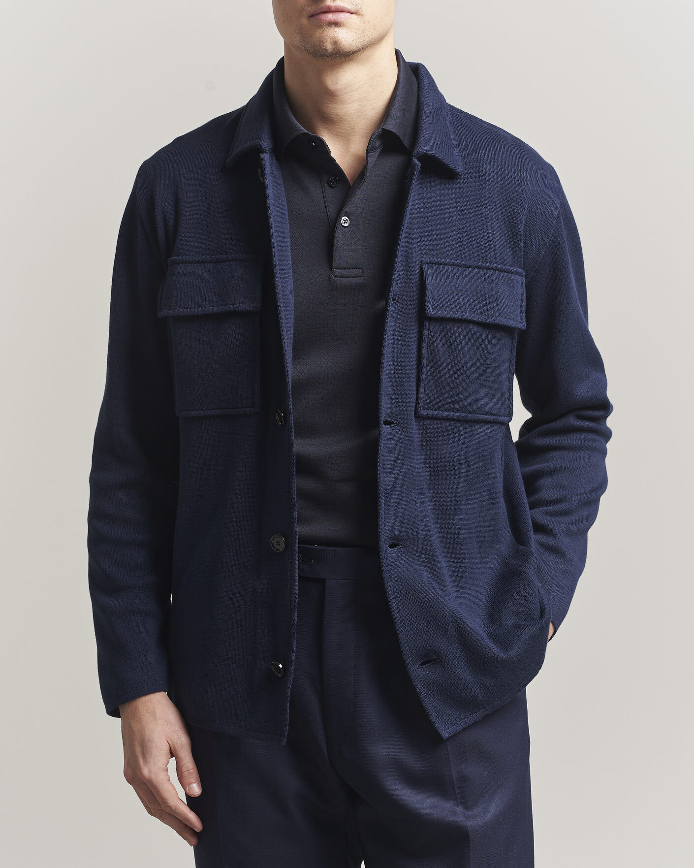 Lardini Knitted Cotton Pocket Shirt Jacket Navy at CareOfCarl.com