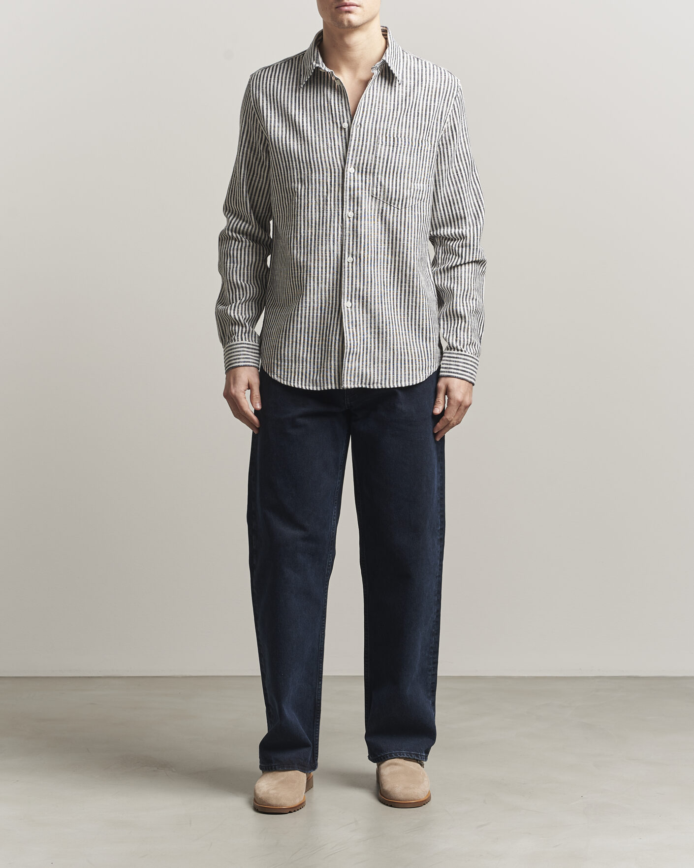 Men | Shirts | Samsøe Samsøe | Liam Cotton/Linen Striped Shirt Salute Navy