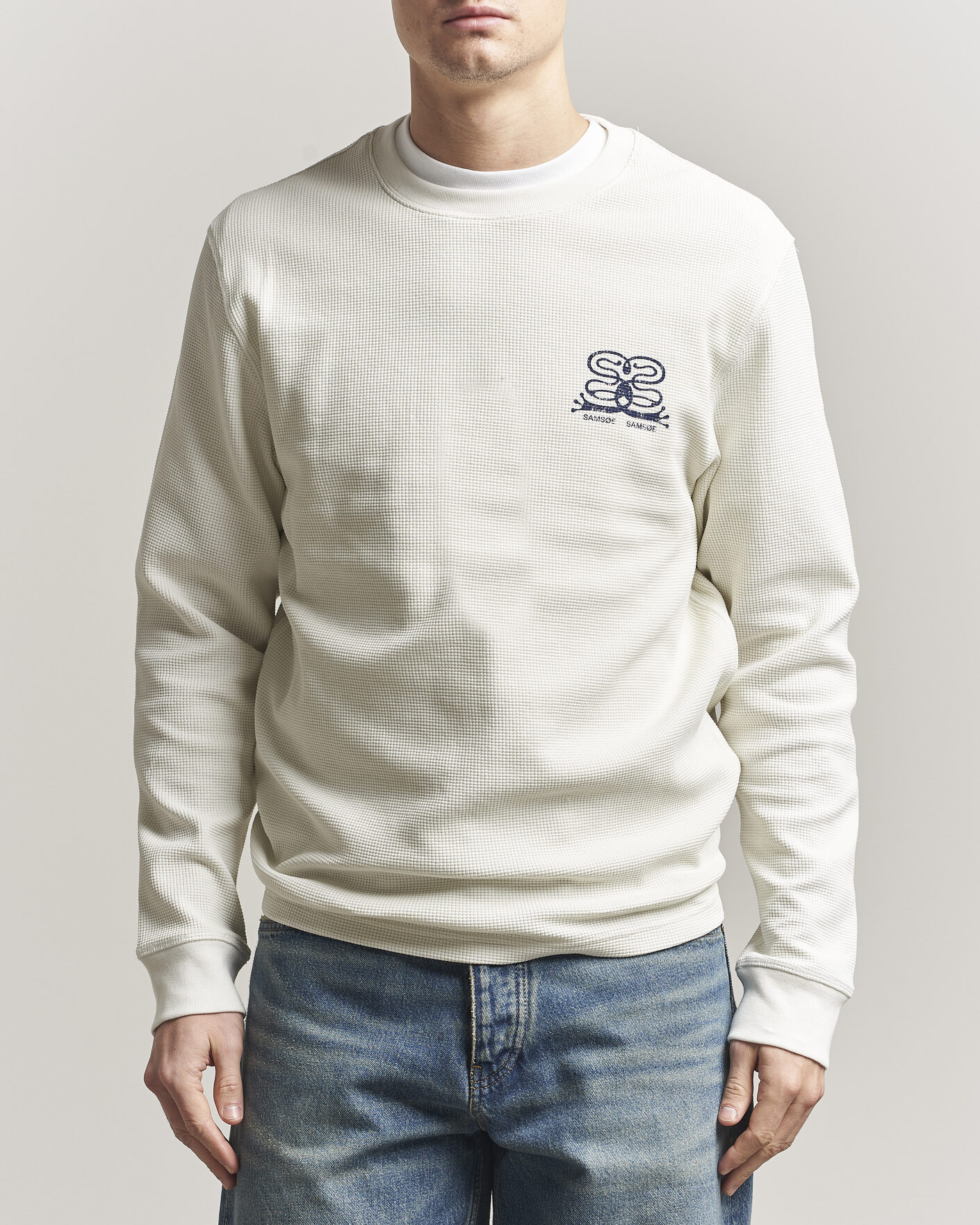 Men | T-Shirts | Samsøe Samsøe | Fellow Waffle Printed Long Sleeve T-Shirt Clear Cream