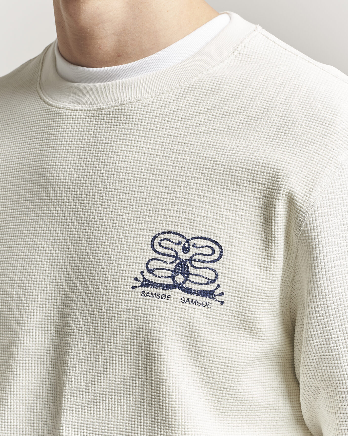 Men | T-Shirts | Samsøe Samsøe | Fellow Waffle Printed Long Sleeve T-Shirt Clear Cream
