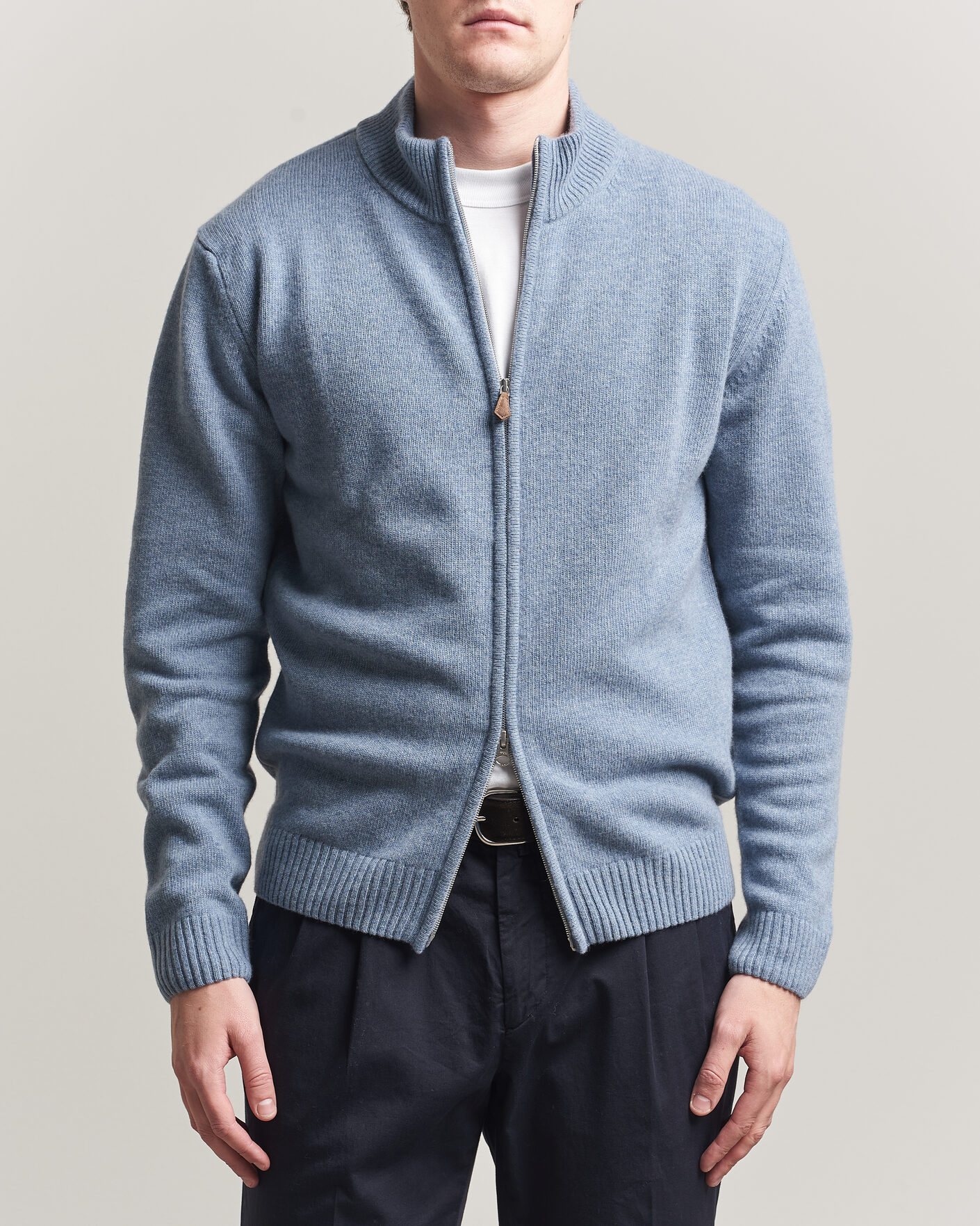 Men | Sweaters & Knitwear | Stenströms | Brushed Merino Full Zip Light Blue