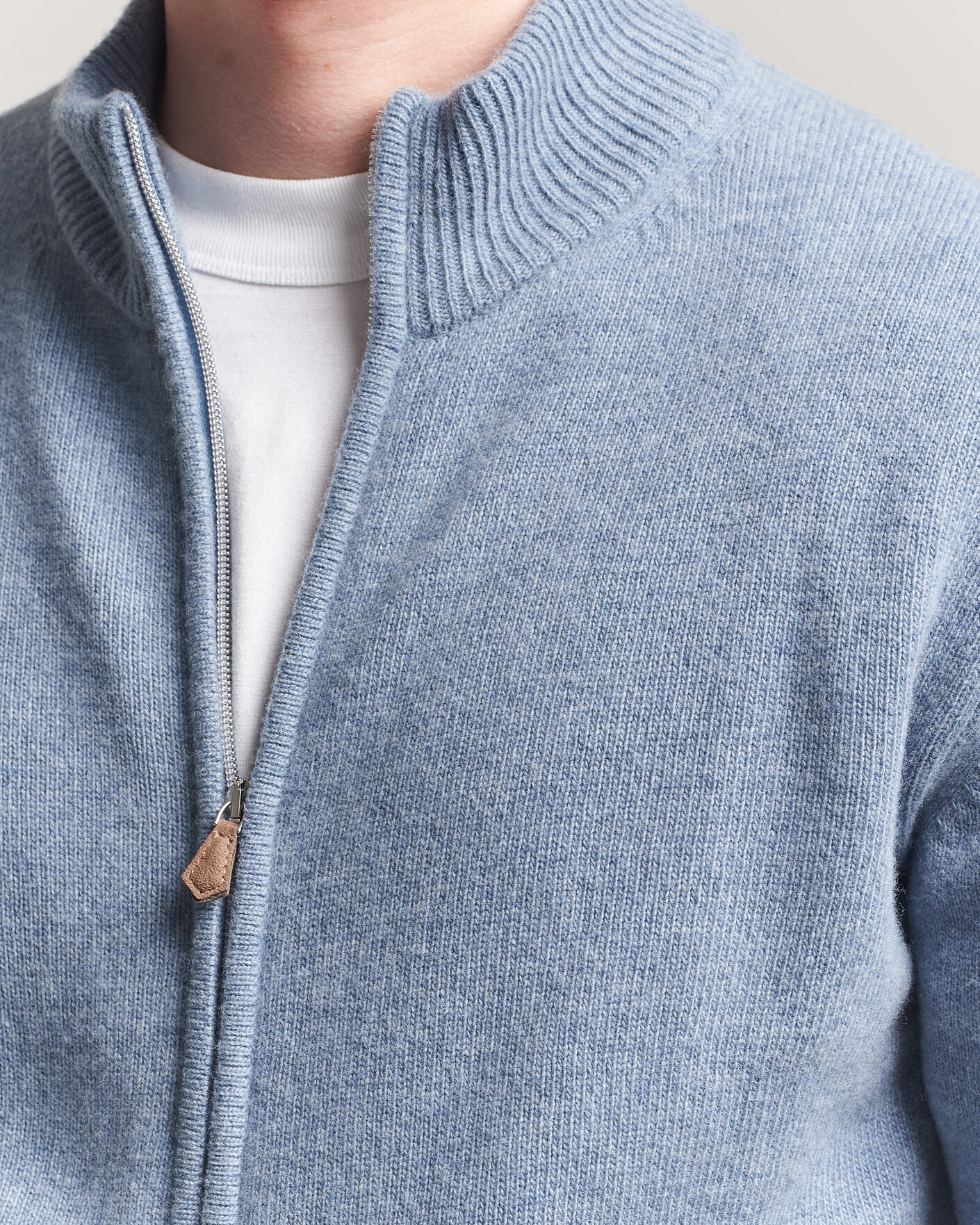 Men | Sweaters & Knitwear | Stenströms | Brushed Merino Full Zip Light Blue