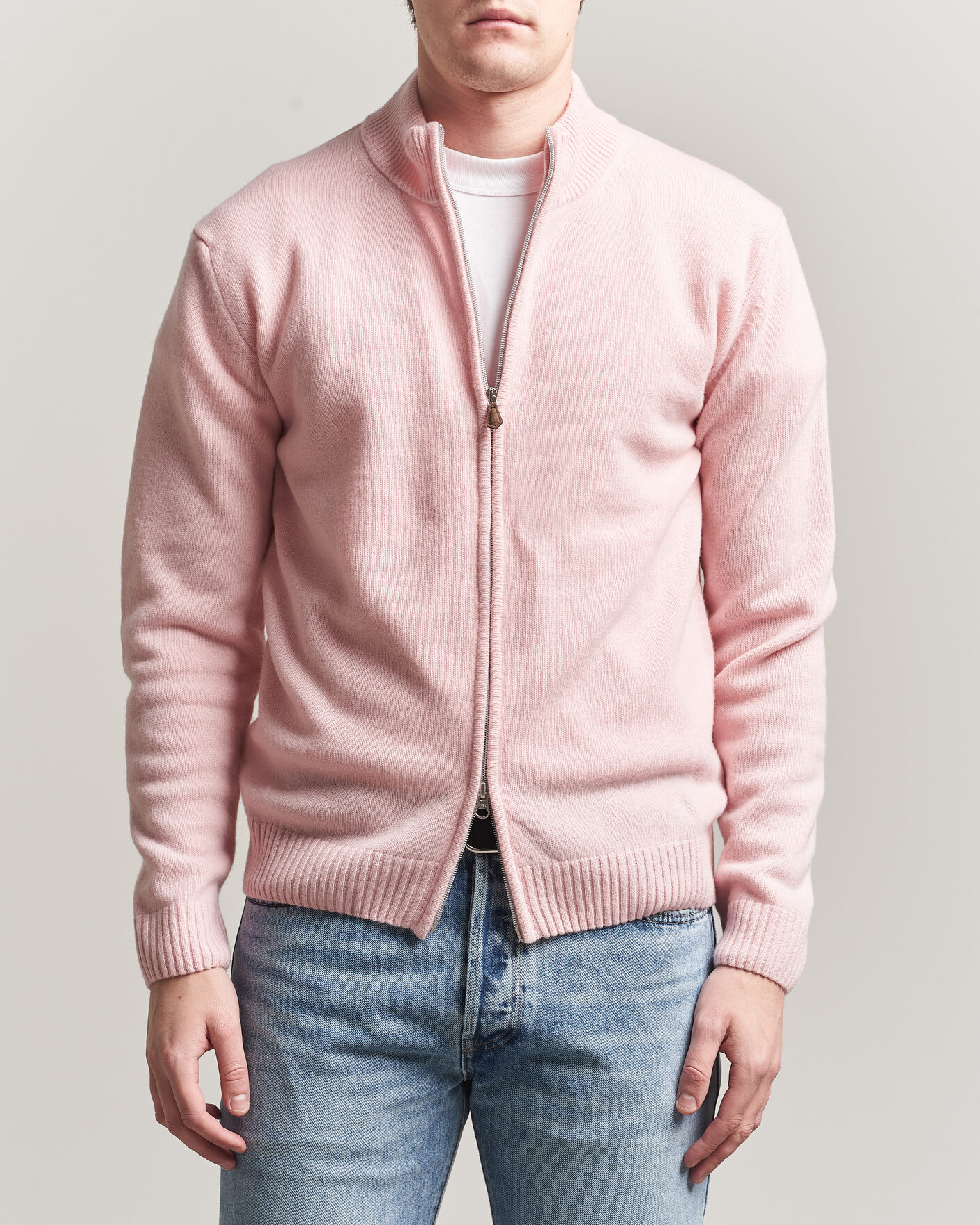 Men | Sweaters & Knitwear | Stenströms | Brushed Merino Full Zip Pink