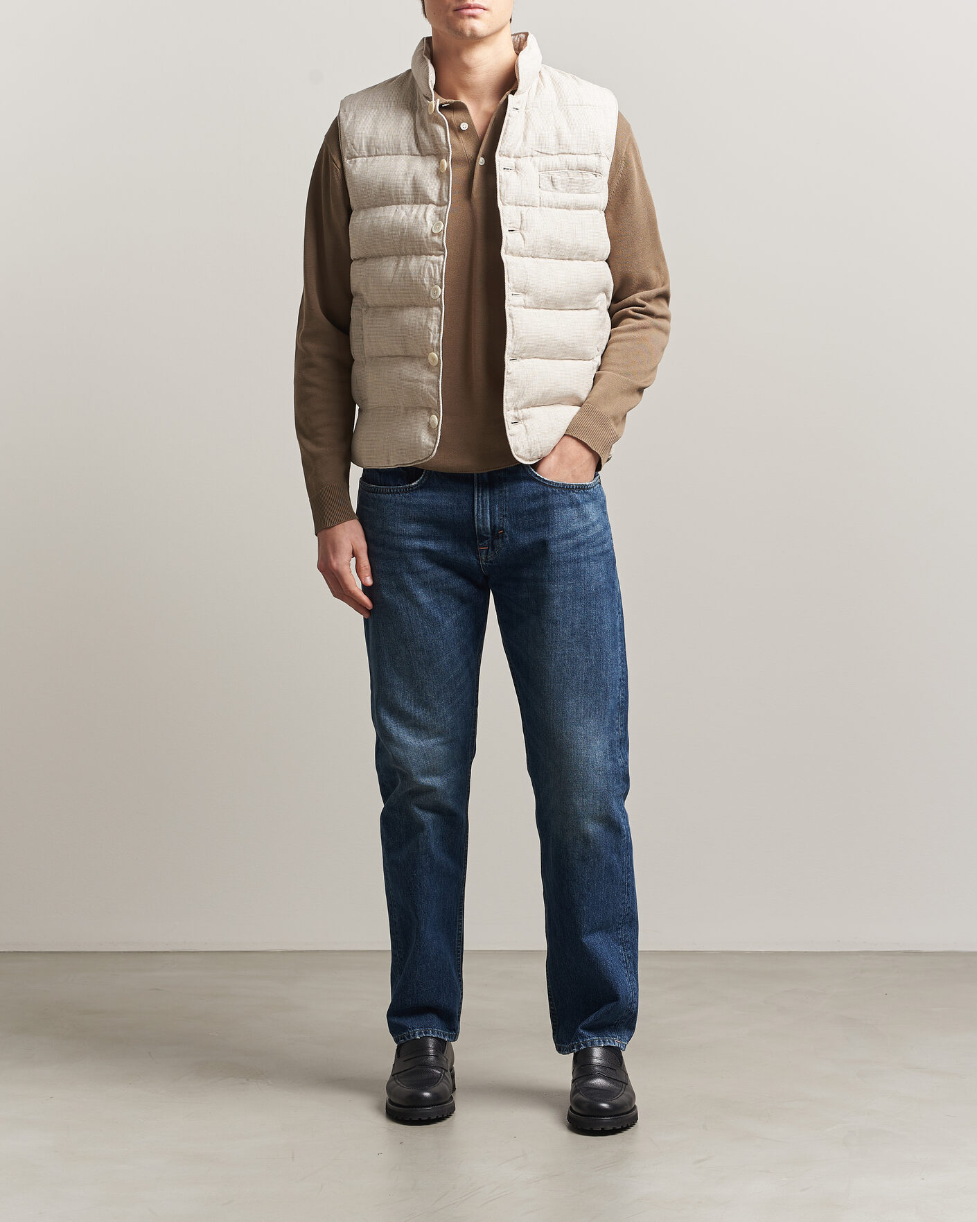Men | Gilets | Stenströms | Padded Mini Houndstooth Linen Vest Beige