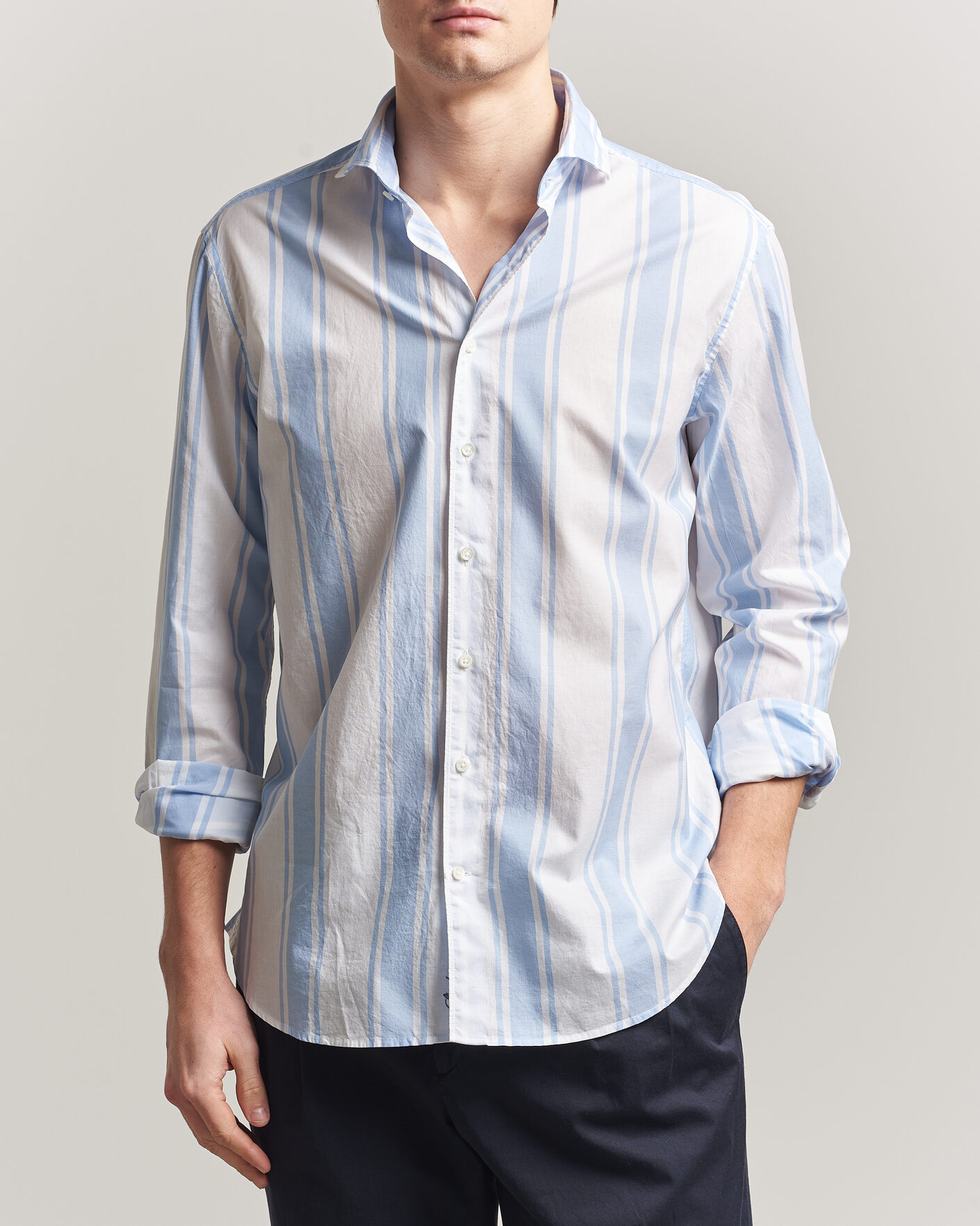 Men | Shirts | Stenströms | Regular Fit Thin Poplin Stripe Shirt Blue