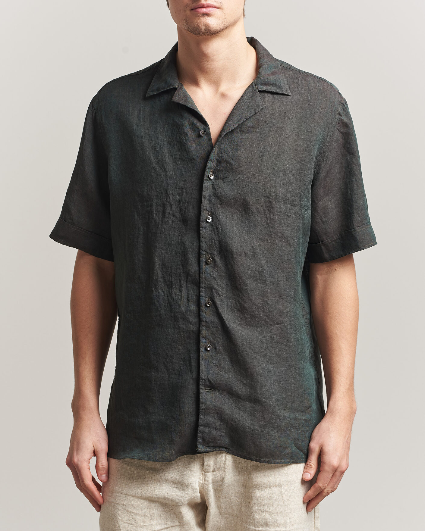 Men | Shirts | Stenströms | Short Sleeve Linen Shirt Dark Green