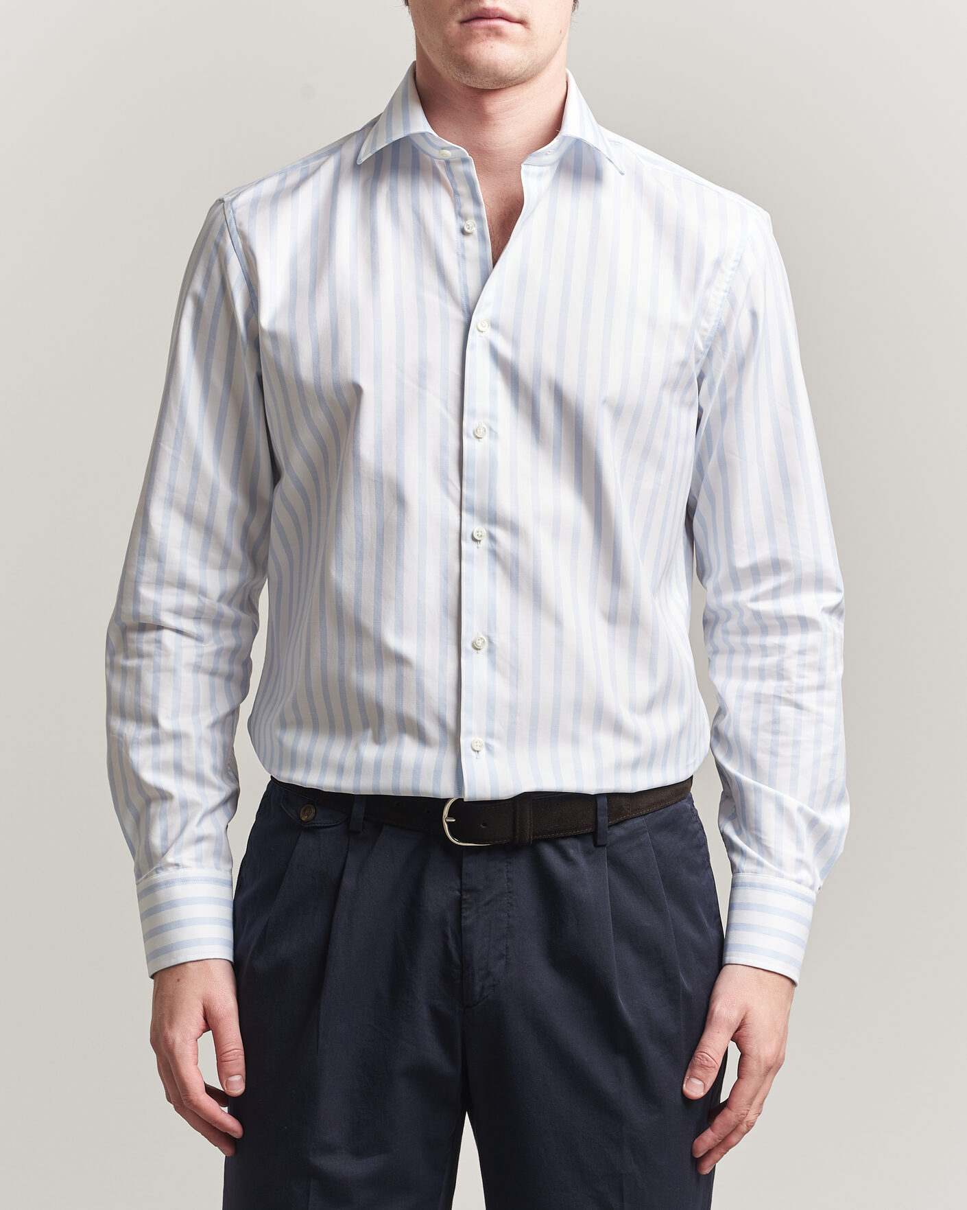 Men | Shirts | Stenströms | Regular Wide Stripe Twill Shirt Light Blue