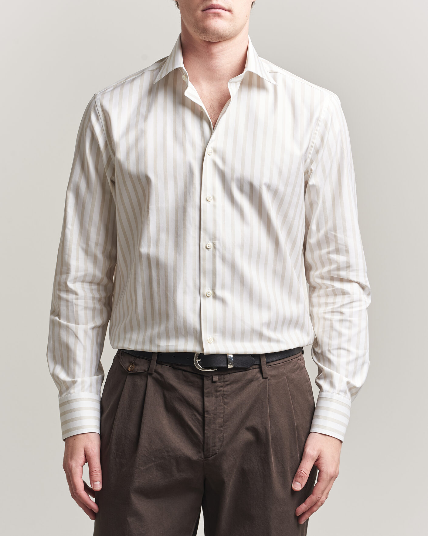 Men | Shirts | Stenströms | Regular Wide Stripe Twill Shirt Beige