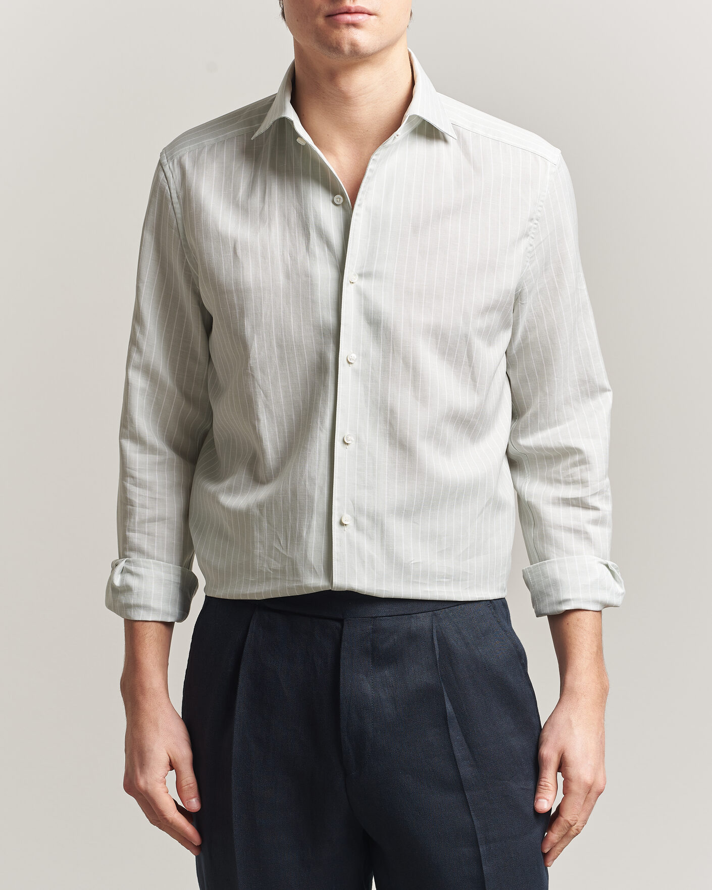 Men | Shirts | Stenströms | 1899 Cotton/Linen/Silk Striped Shirt Green