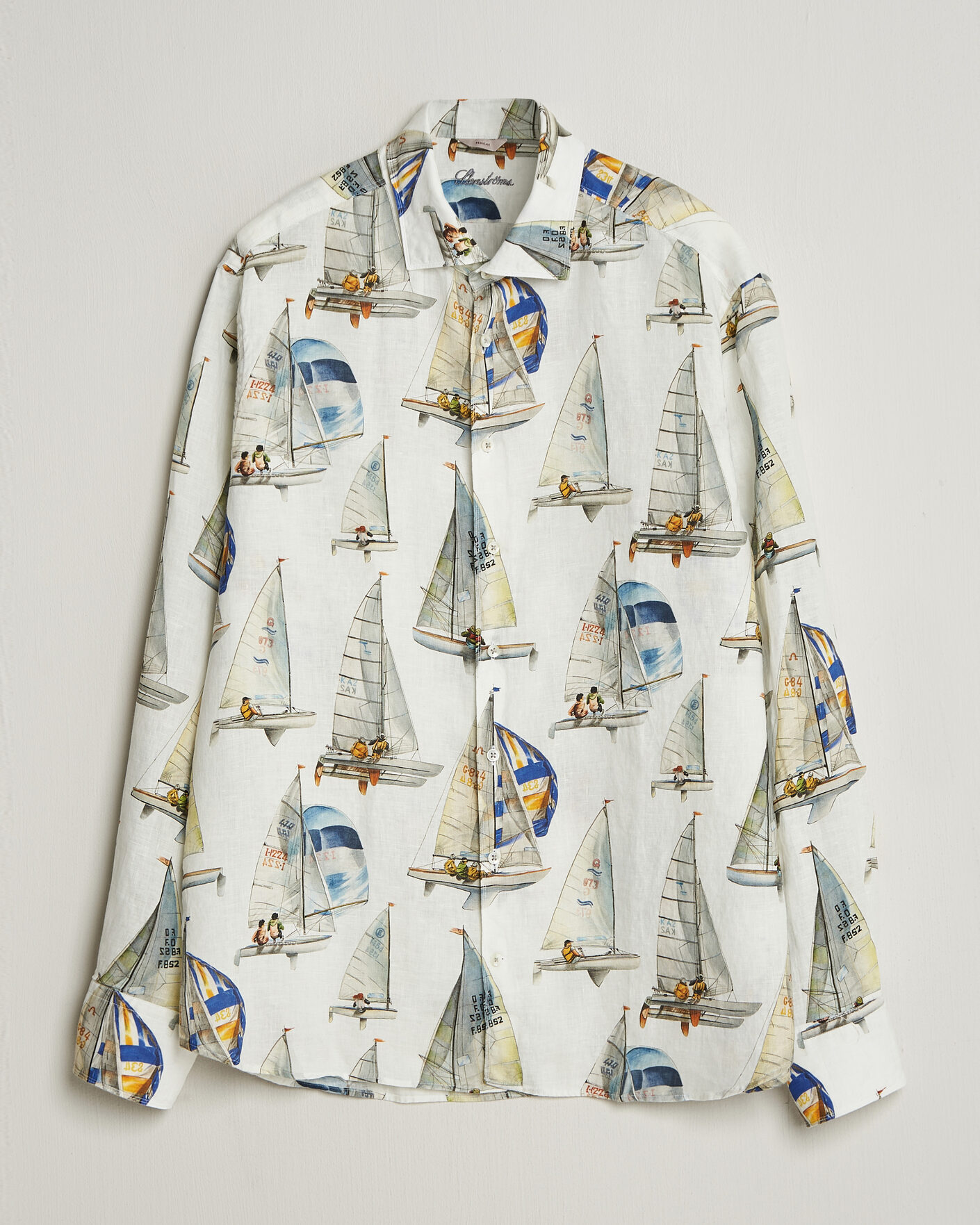 Men | Shirts | Stenströms | Regular Fit Printed Sailing Linen Shirt White