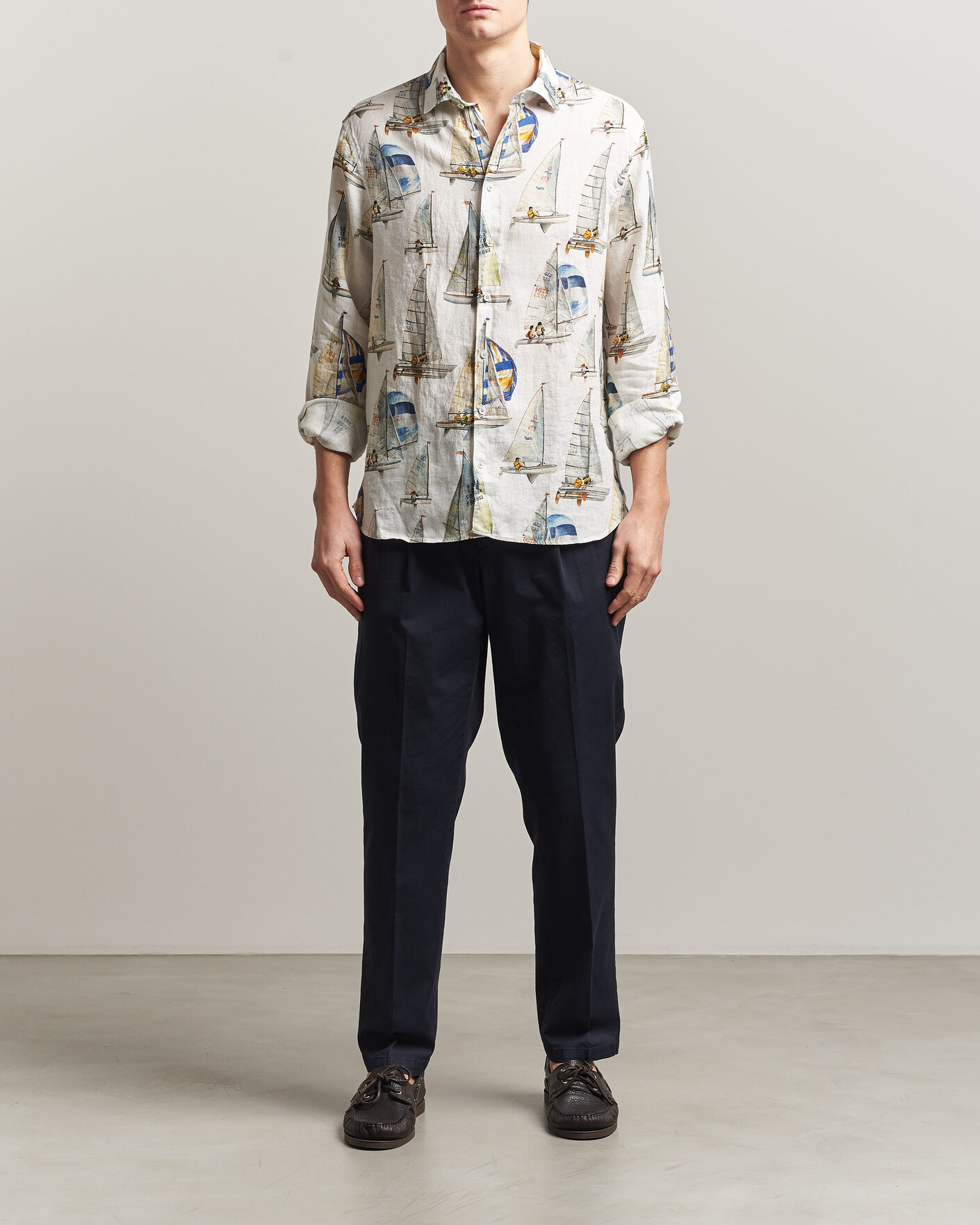 Men | Shirts | Stenströms | Regular Fit Printed Sailing Linen Shirt White