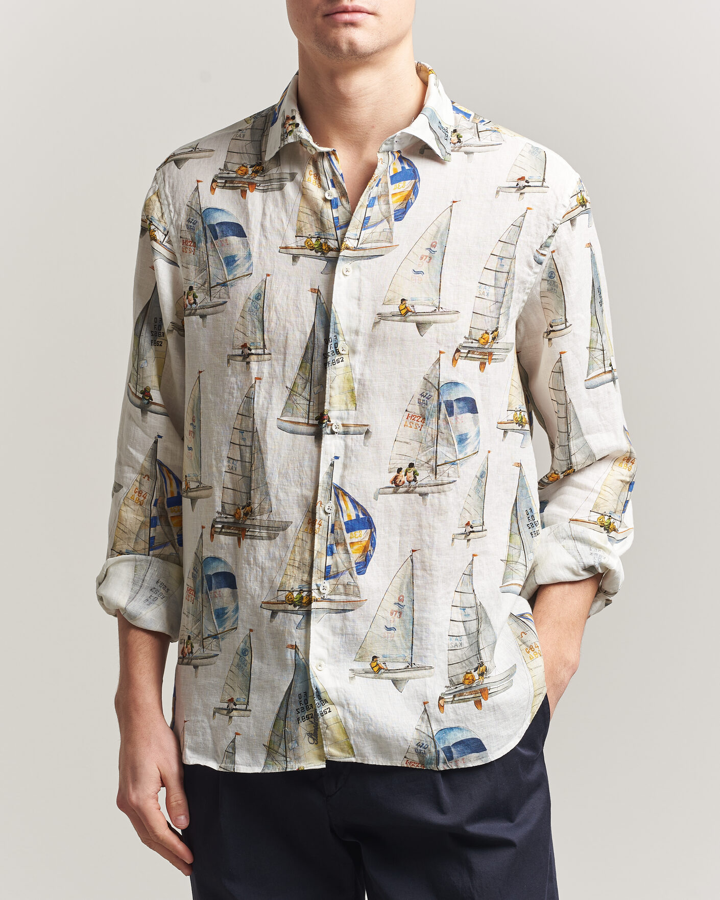 Men | Shirts | Stenströms | Regular Fit Printed Sailing Linen Shirt White
