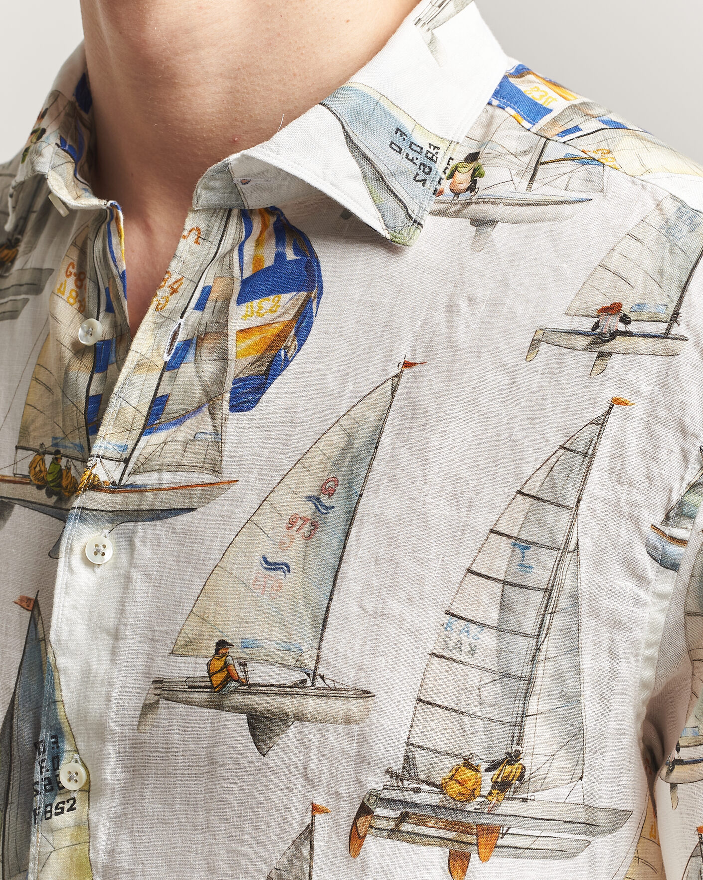 Men | Shirts | Stenströms | Regular Fit Printed Sailing Linen Shirt White