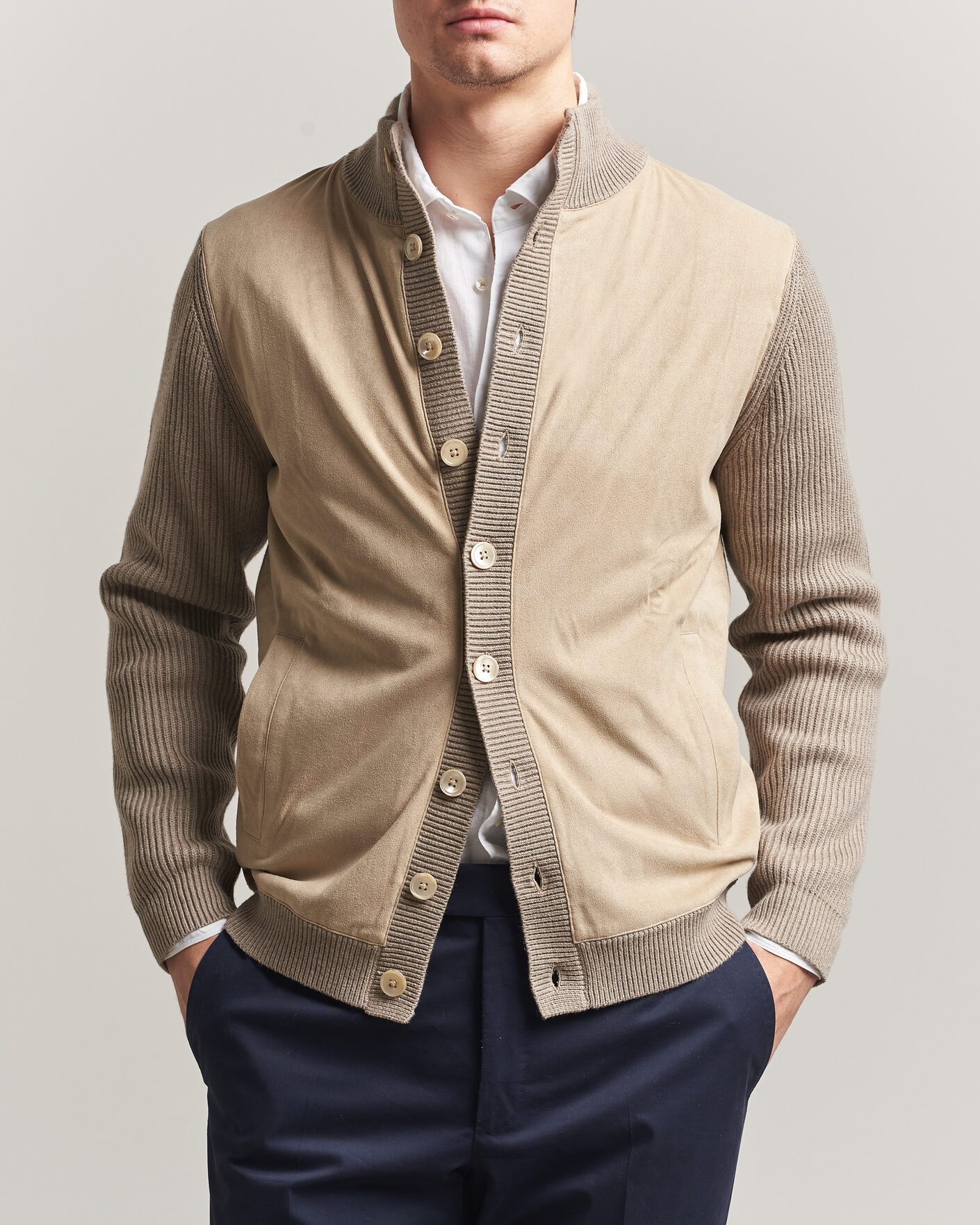 Men | Sweaters & Knitwear | Stenströms | Knitted Hybrid Buttoned Alcantara Cardigan Taupe