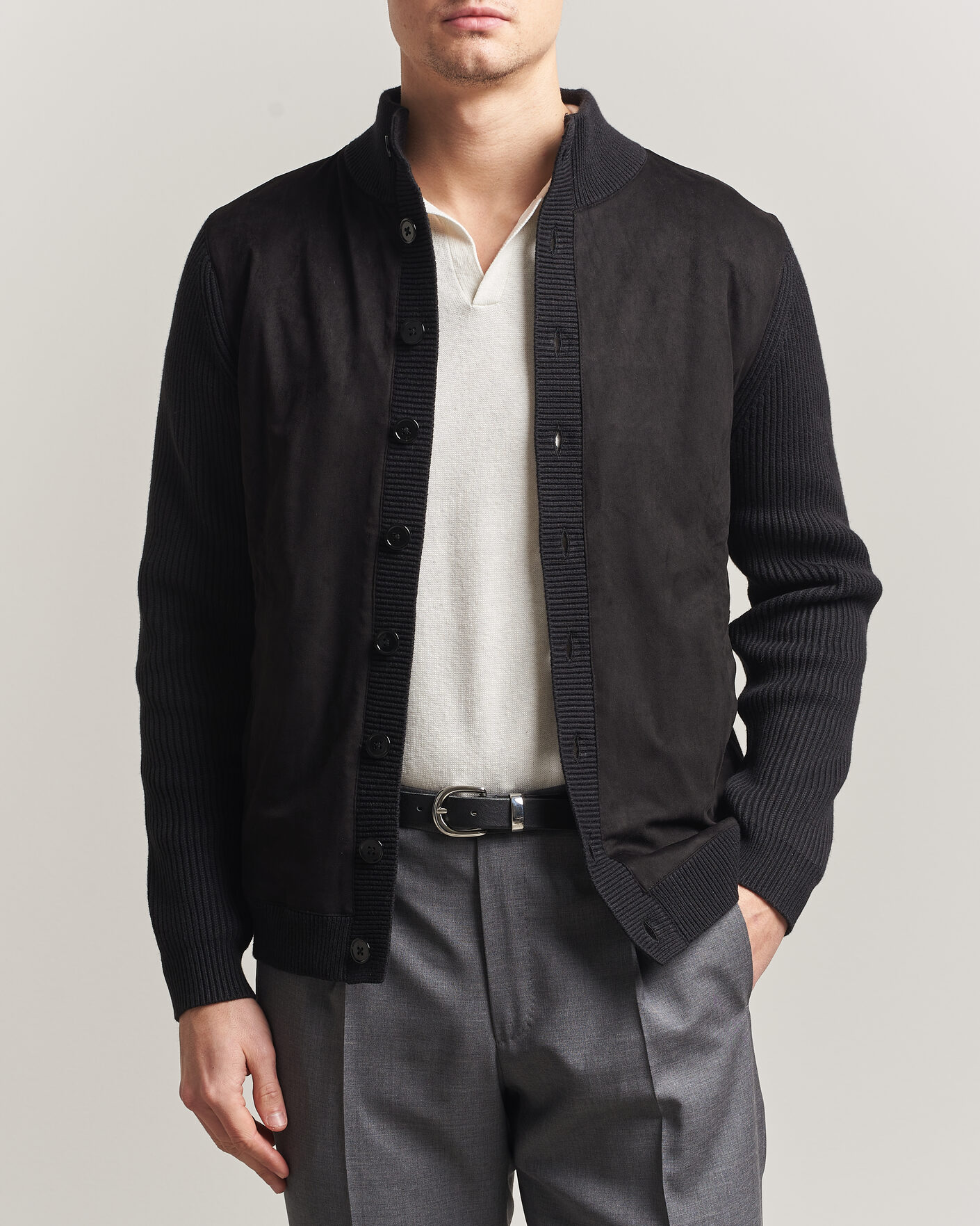 Men | Sweaters & Knitwear | Stenströms | Knitted Hybrid Buttoned Alcantara Cardigan Black