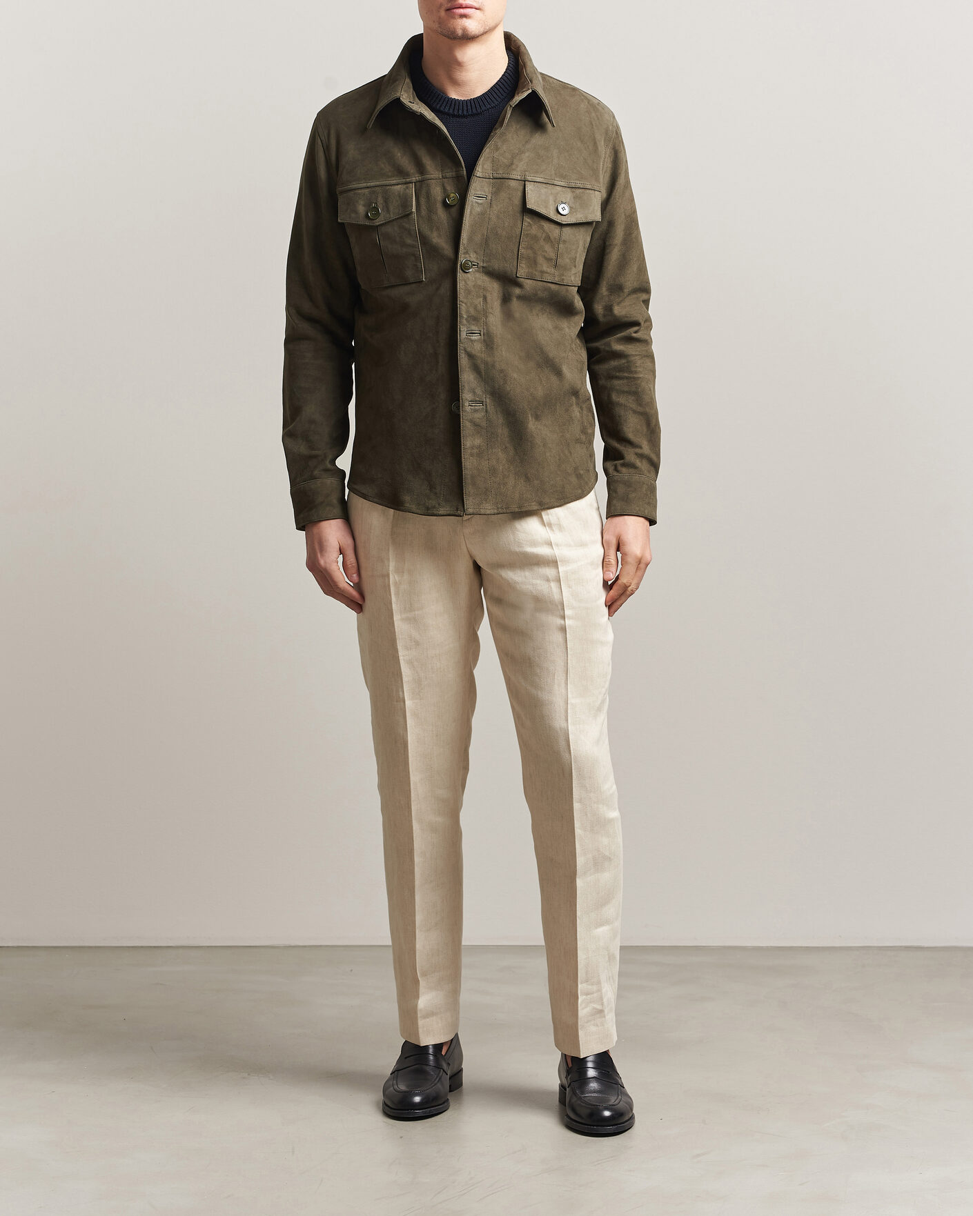 Men | Coats & Jackets | Stenströms | Suede Pocket Overshirt Olive