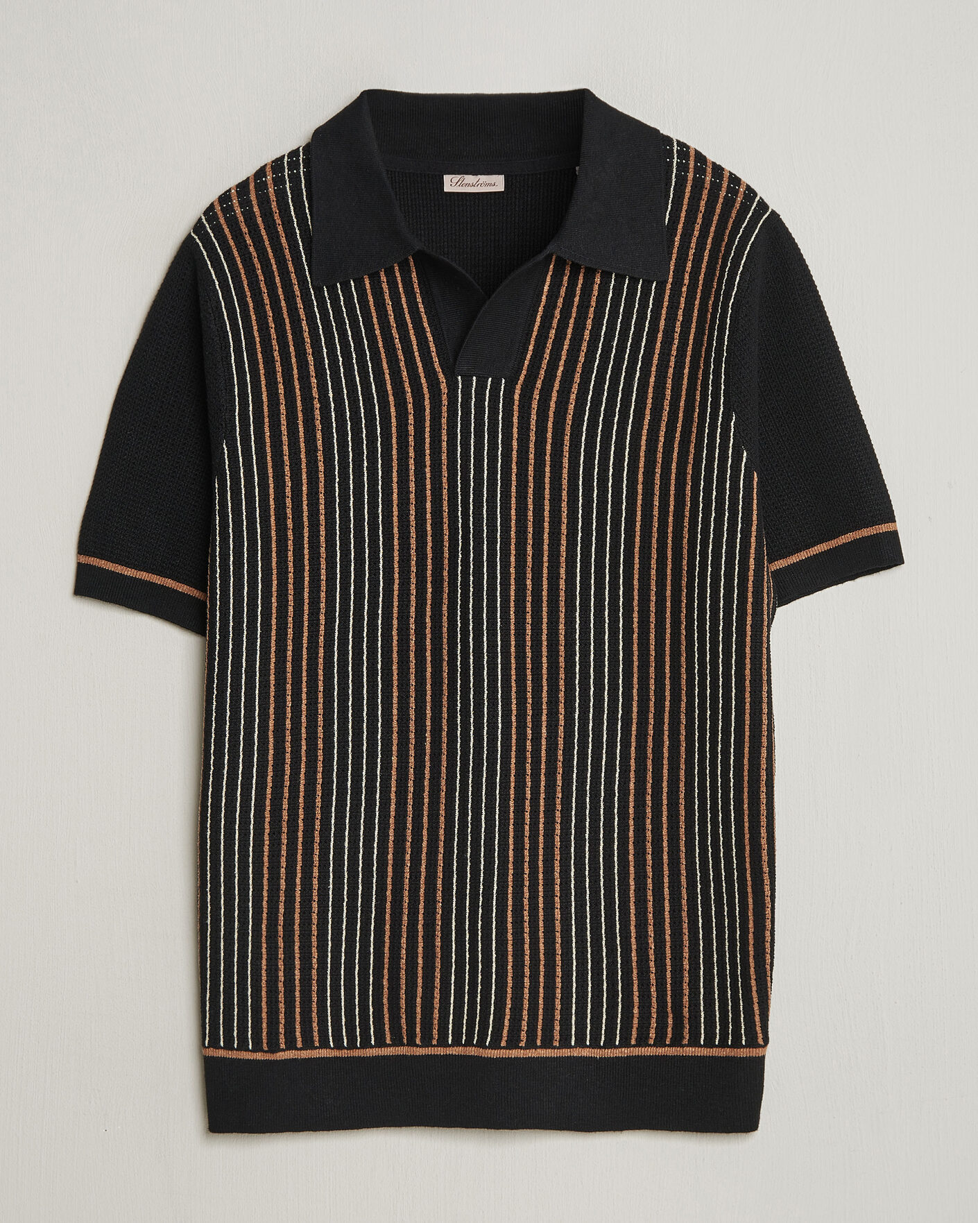 Men | Polo Shirts | Stenströms | Knitted Stripe Hemp/Cotton Polo Black