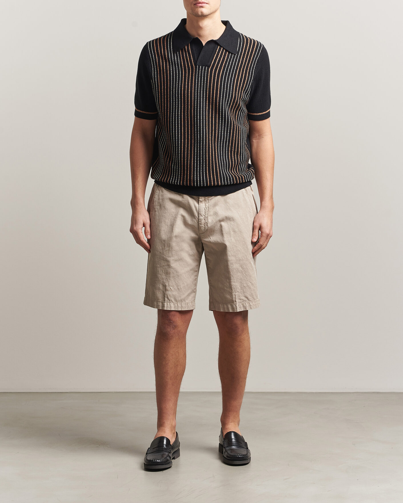 Men | Polo Shirts | Stenströms | Knitted Stripe Hemp/Cotton Polo Black