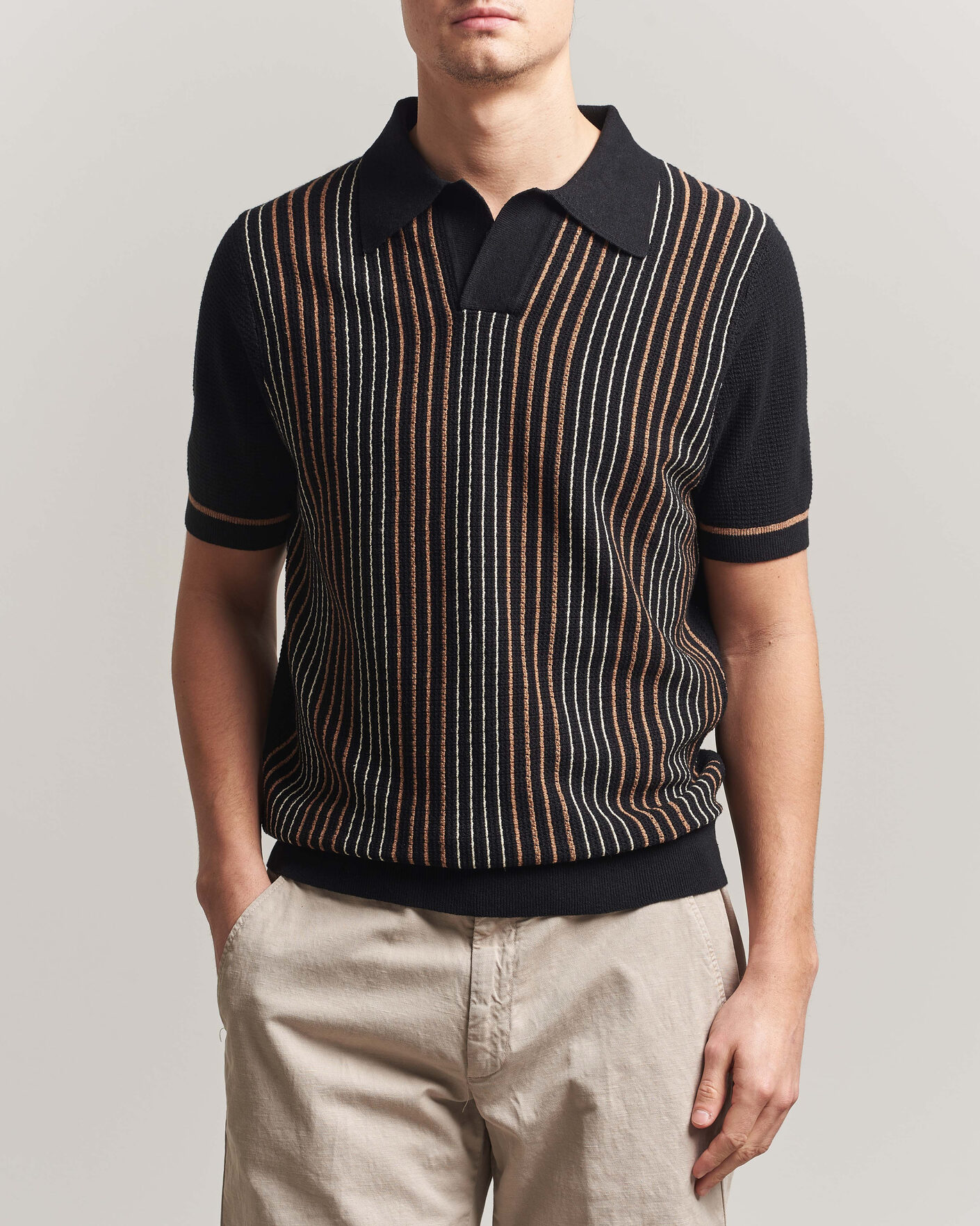 Men | Polo Shirts | Stenströms | Knitted Stripe Hemp/Cotton Polo Black