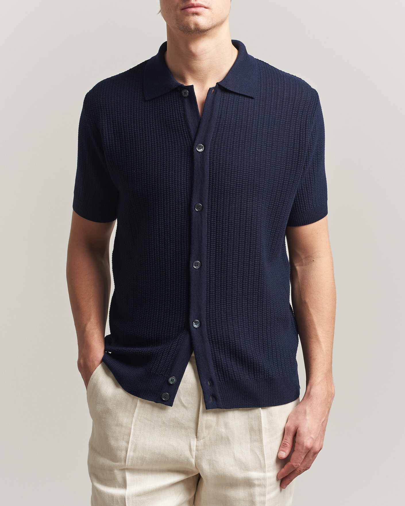Men | Polo Shirts | Stenströms | Knitted Buttonthru Merino Polo Shirt Navy