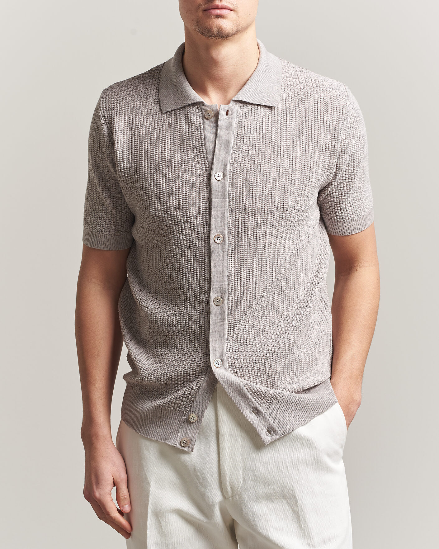 Men | Polo Shirts | Stenströms | Knitted Buttonthru Merino Polo Shirt Grey