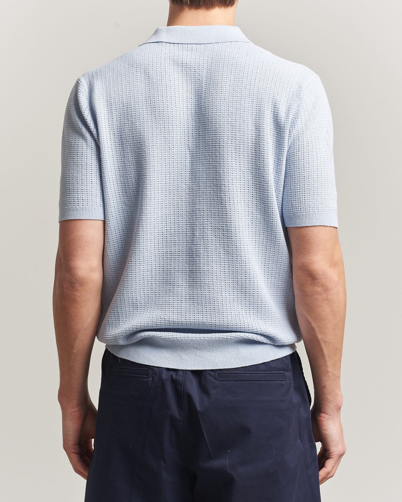Men | Polo Shirts | Stenströms | Knitted Textured Cotton/Hemp Polo Light Blue