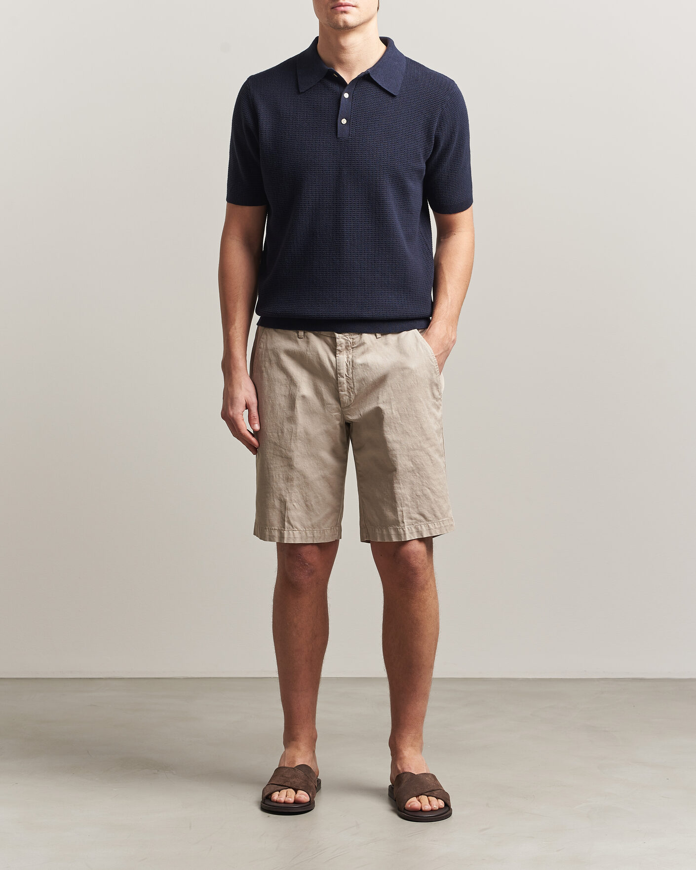 Men | Polo Shirts | Stenströms | Knitted Textured Cotton/Hemp Polo Navy