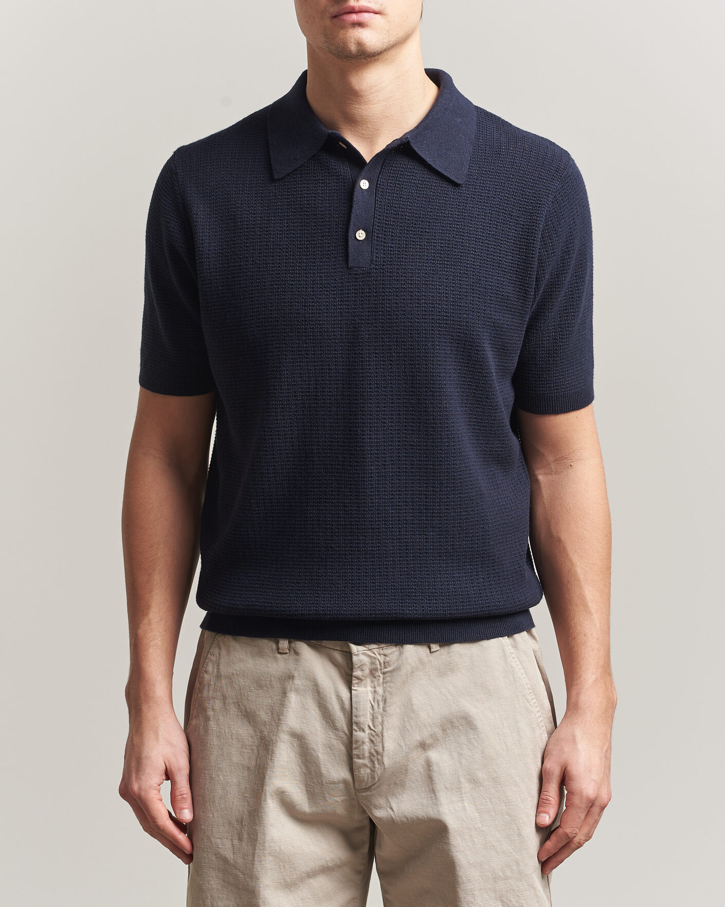 Men | Polo Shirts | Stenströms | Knitted Textured Cotton/Hemp Polo Navy