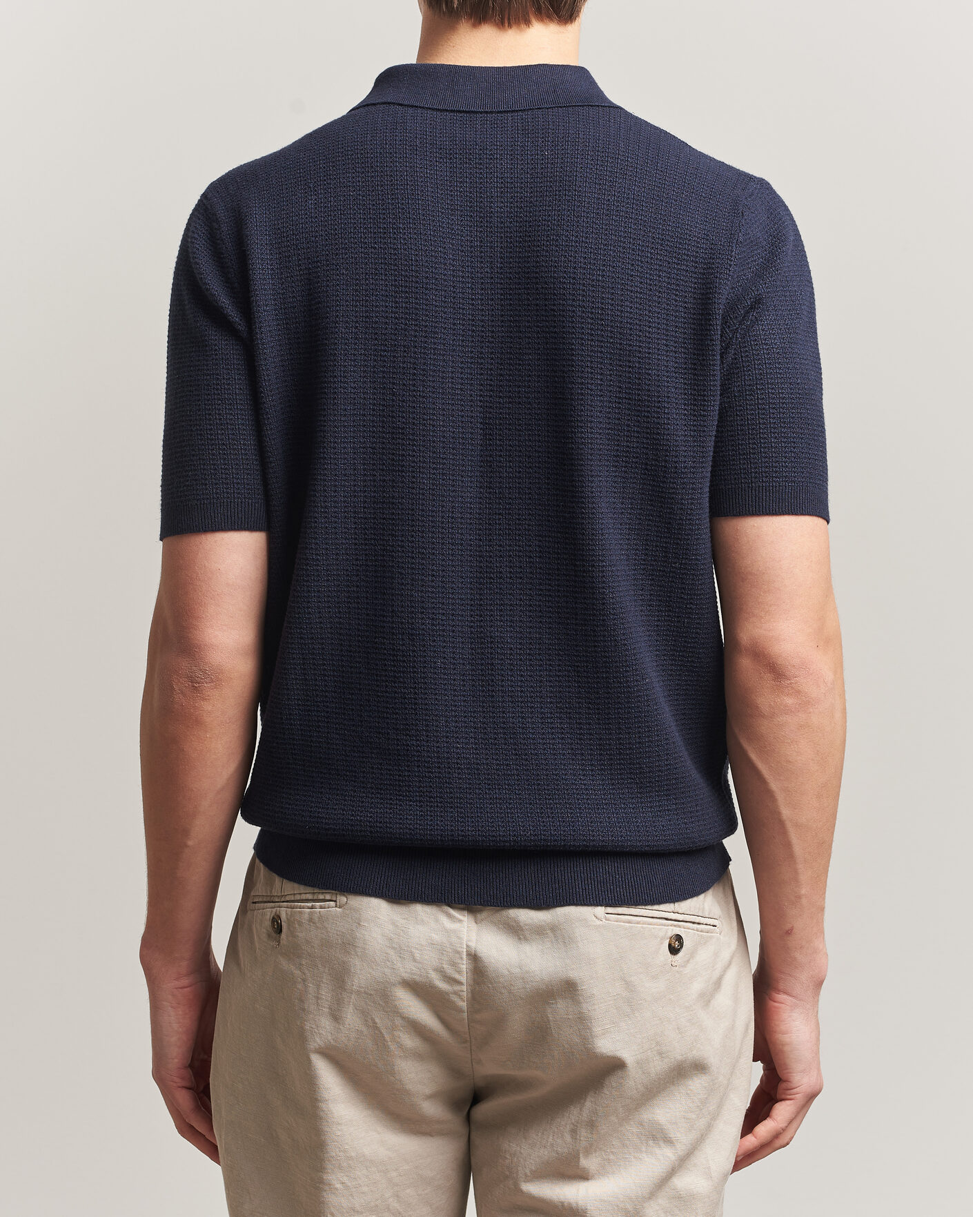 Men | Polo Shirts | Stenströms | Knitted Textured Cotton/Hemp Polo Navy