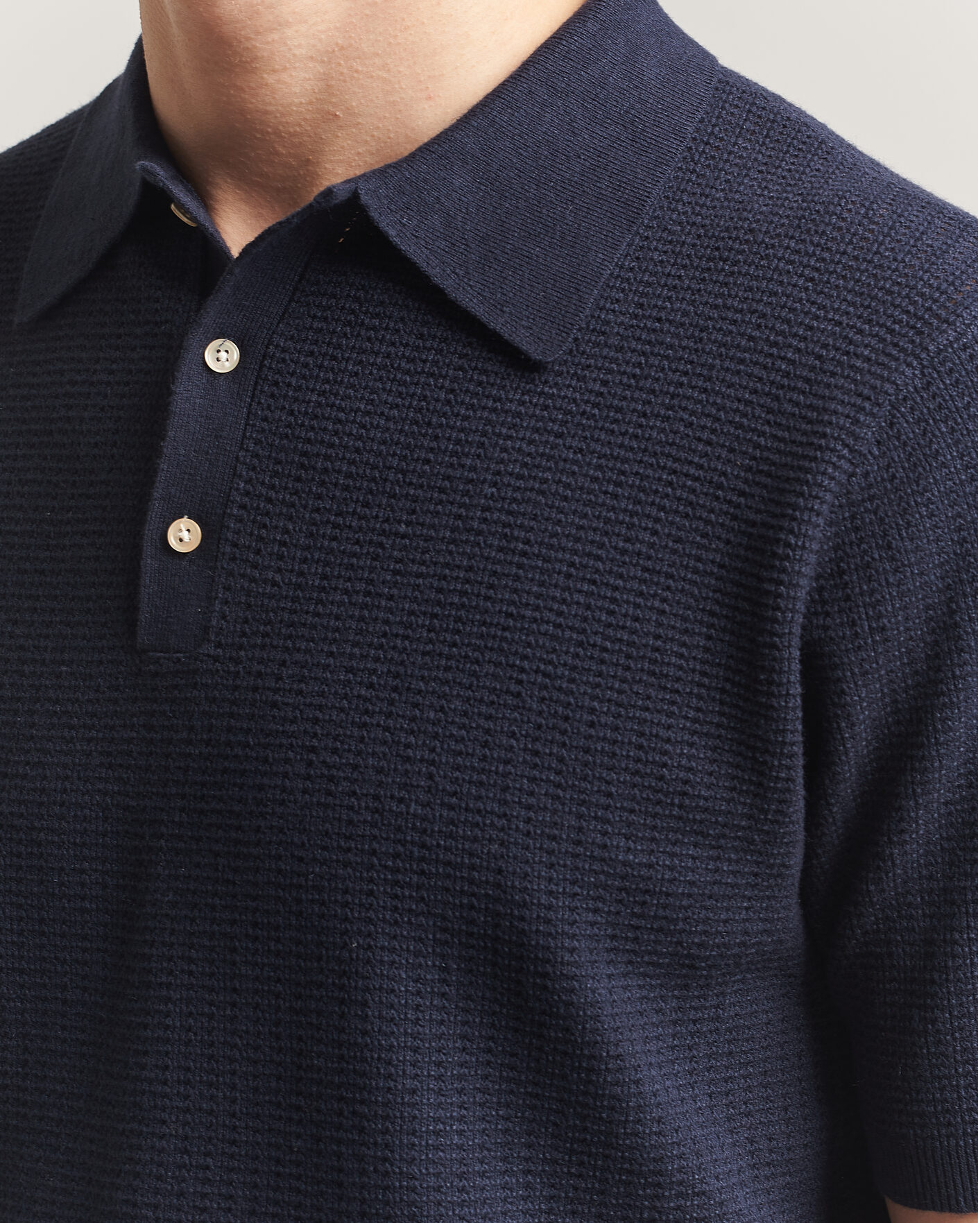 Men | Polo Shirts | Stenströms | Knitted Textured Cotton/Hemp Polo Navy