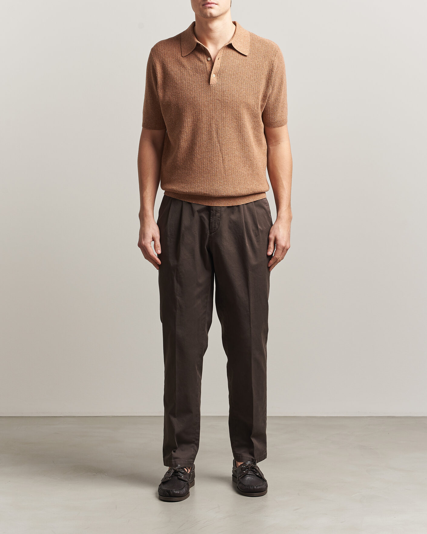 Men | Polo Shirts | Stenströms | Knitted Textured Cotton/Hemp Polo Light Brown