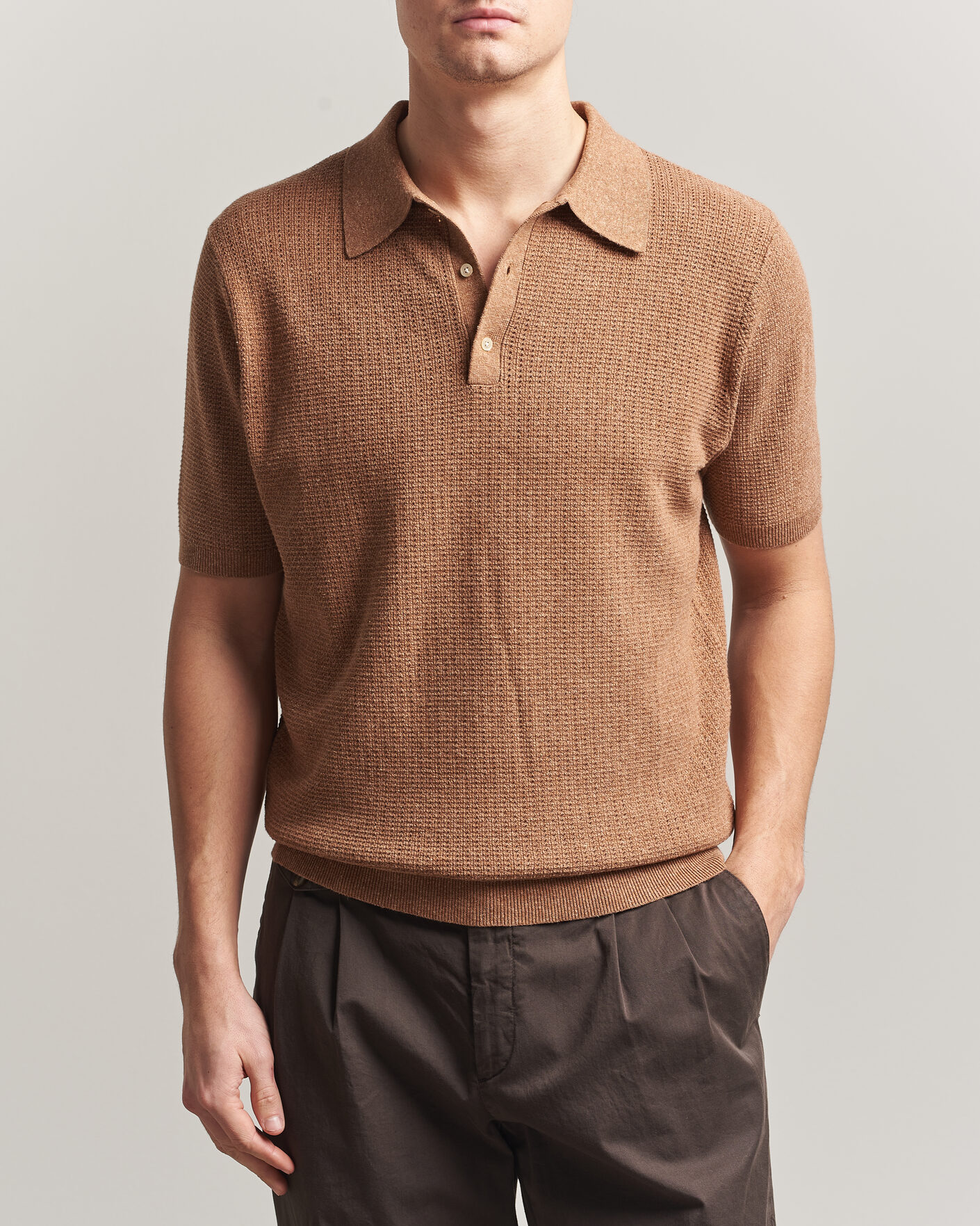 Men | Polo Shirts | Stenströms | Knitted Textured Cotton/Hemp Polo Light Brown
