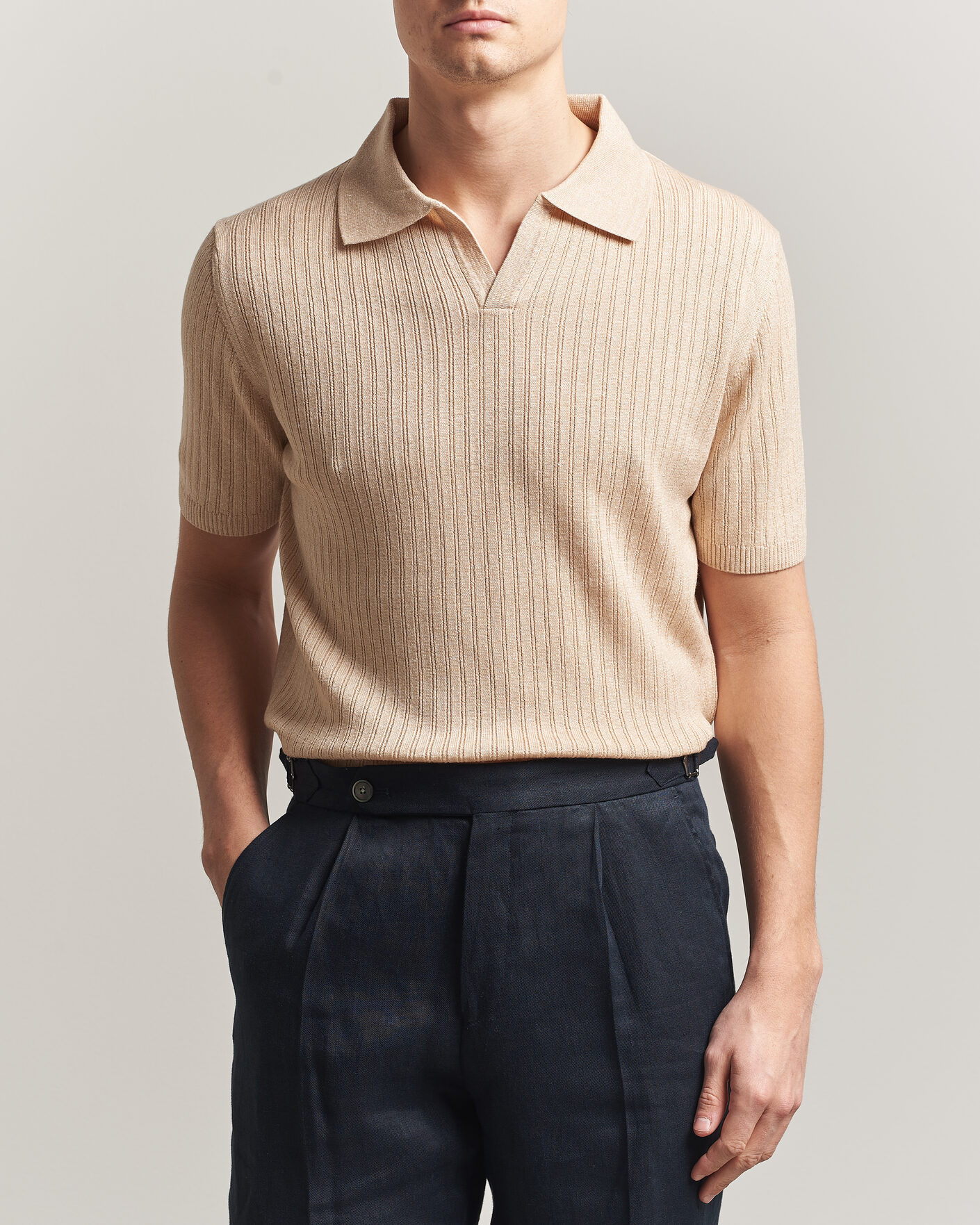 Men | Polo Shirts | Stenströms | Linen/Merino Structured Polo Beige