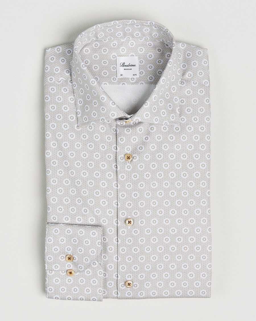 Men | Shirts | Stenströms | Regular Fit Printed Cotton Twill Shirt Light Brown