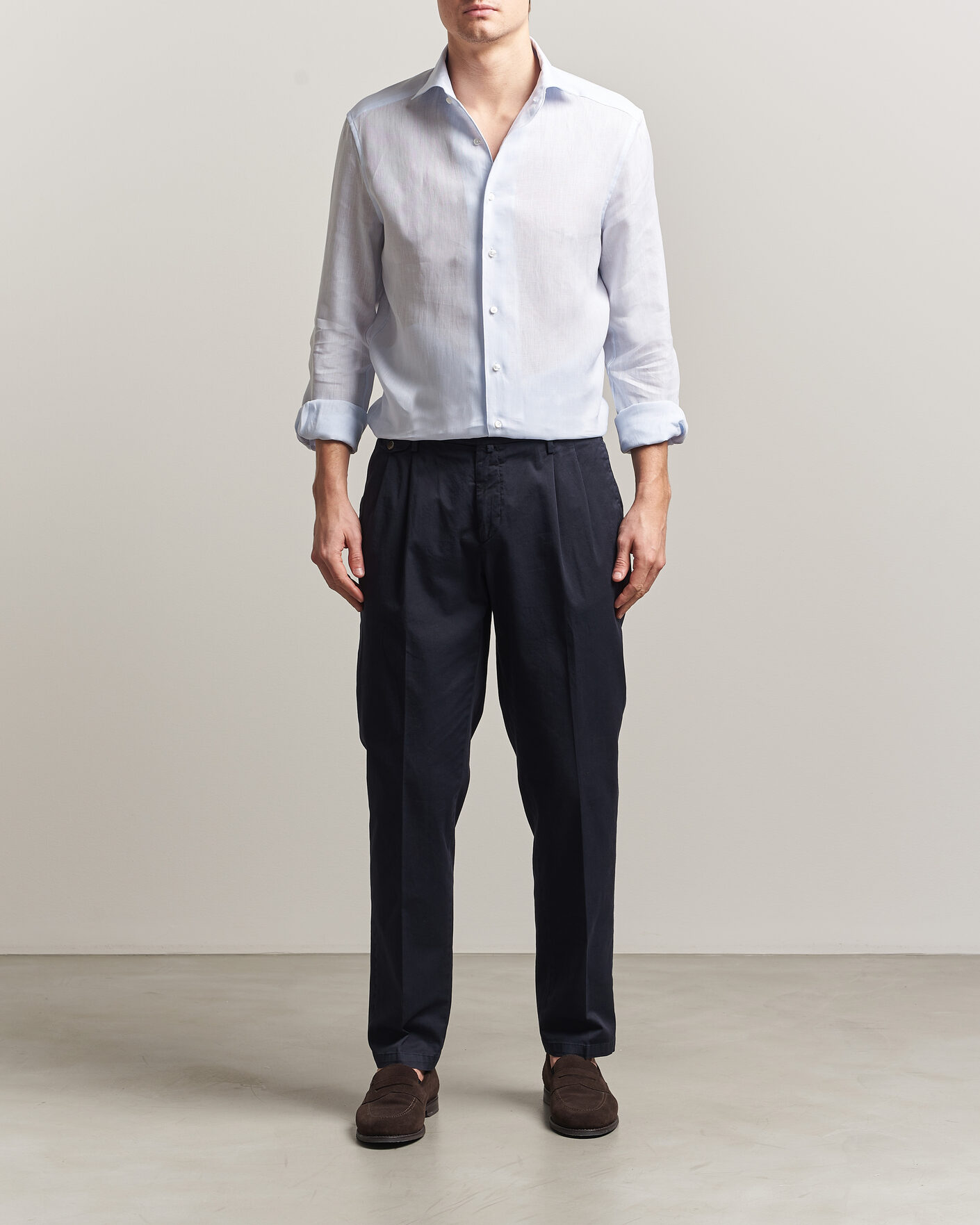 Men | Shirts | Stenströms | 1899 Linen One Piece Collar Shirt Light Blue