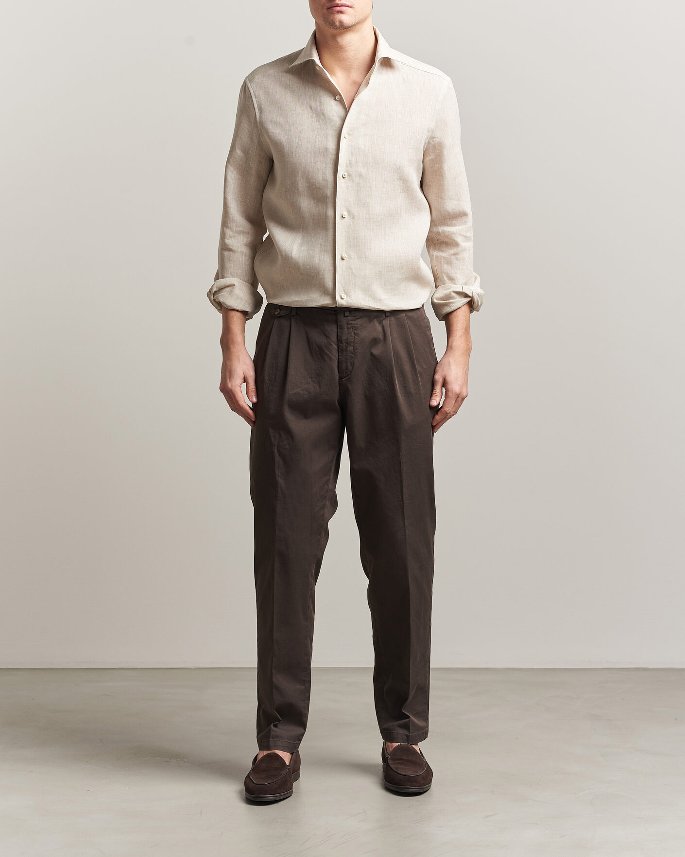 Men | Shirts | Stenströms | 1899 Linen One Piece Collar Shirt Beige