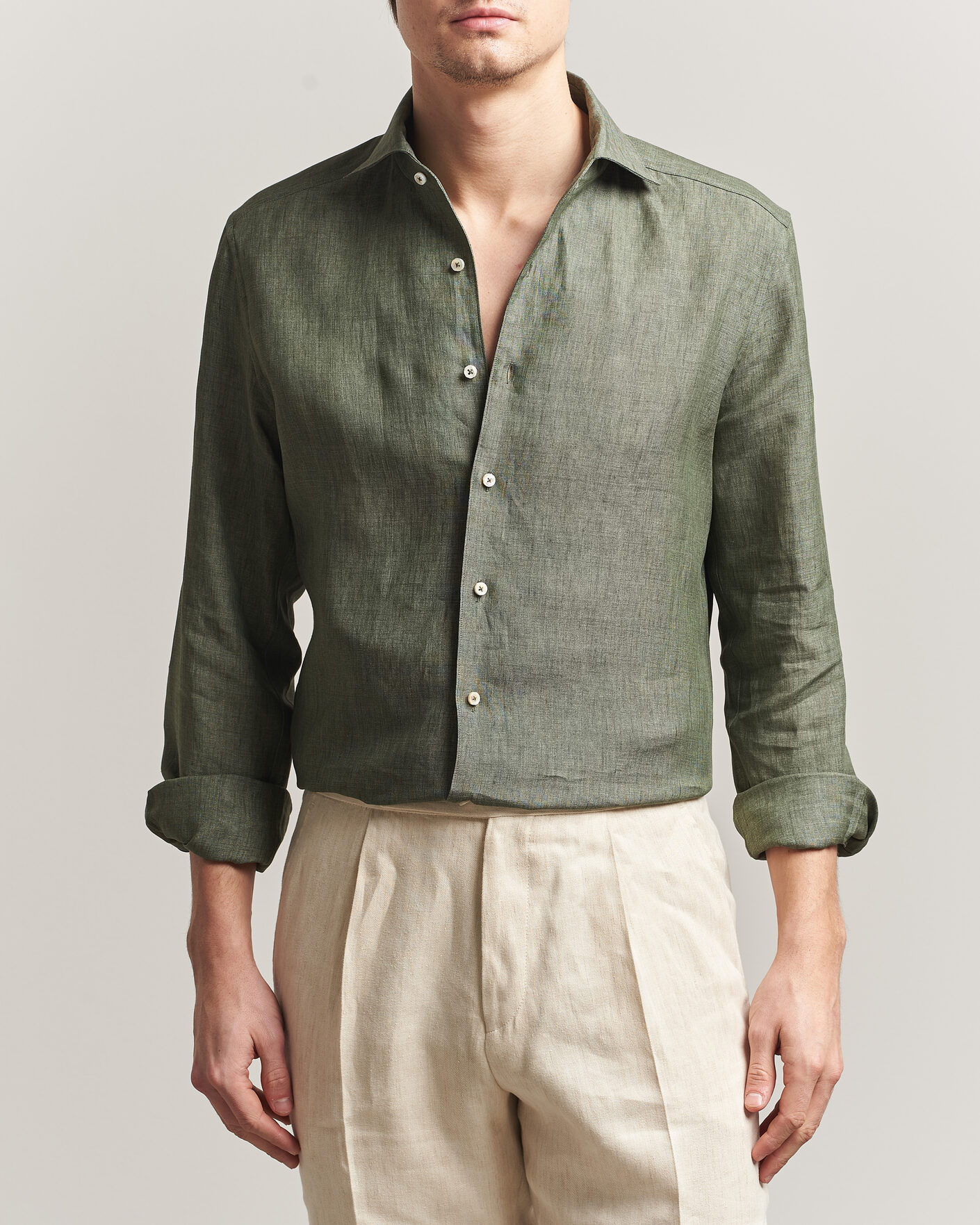 Men | Shirts | Stenströms | 1899 Linen One Piece Collar Shirt Olive