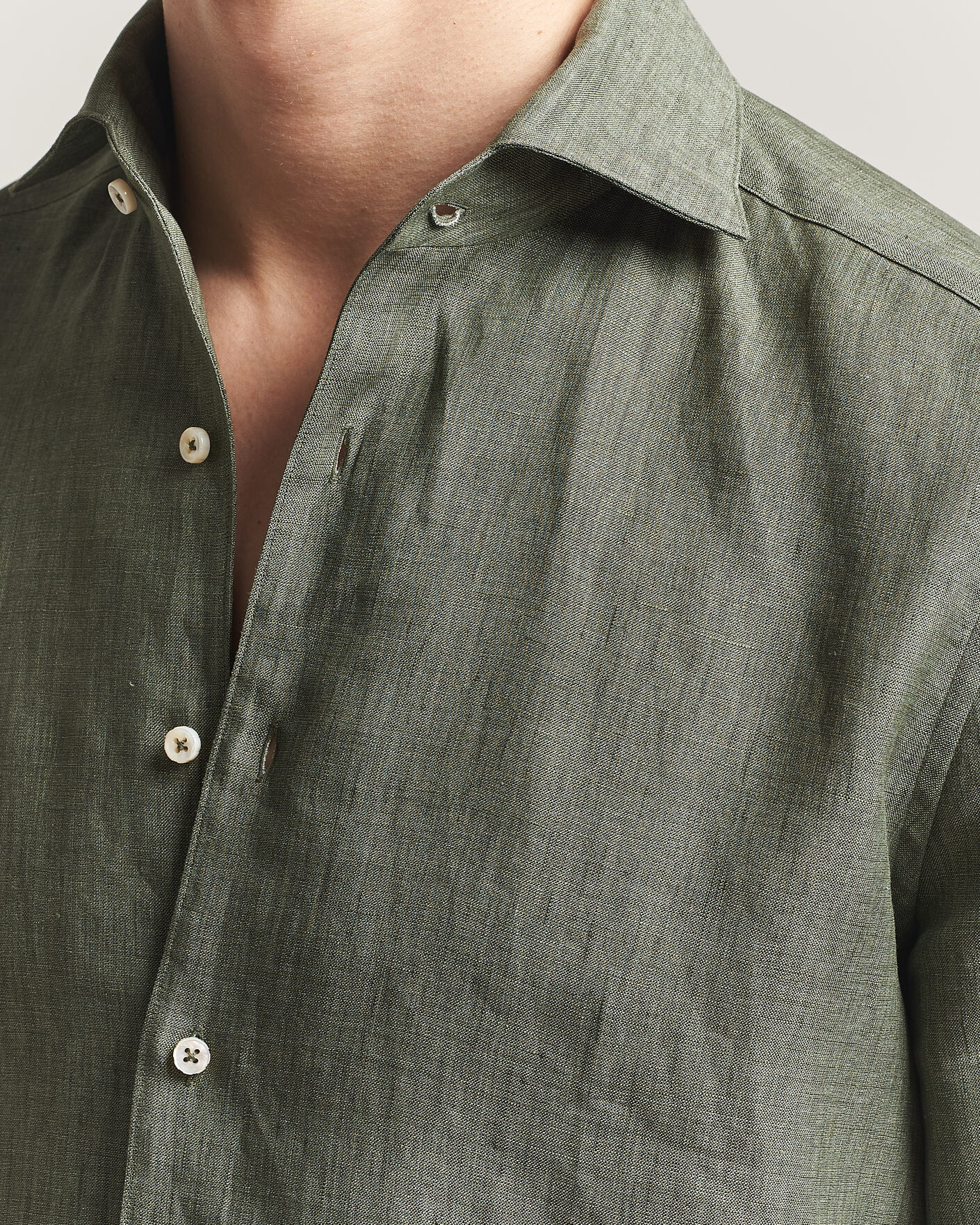 Men | Shirts | Stenströms | 1899 Linen One Piece Collar Shirt Olive