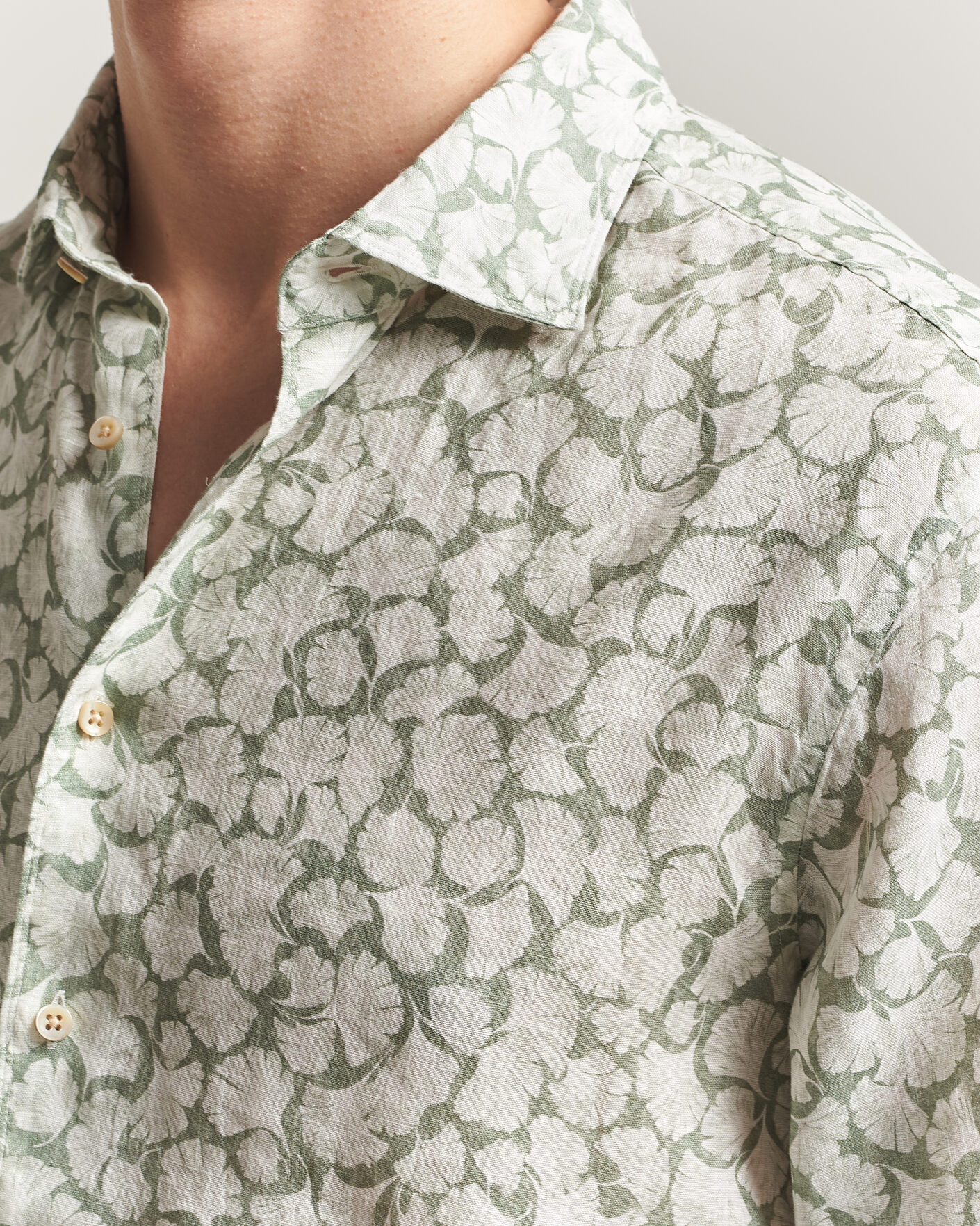 Men | Shirts | Stenströms | Regular Fit Flower Printed Linen Shirt Green